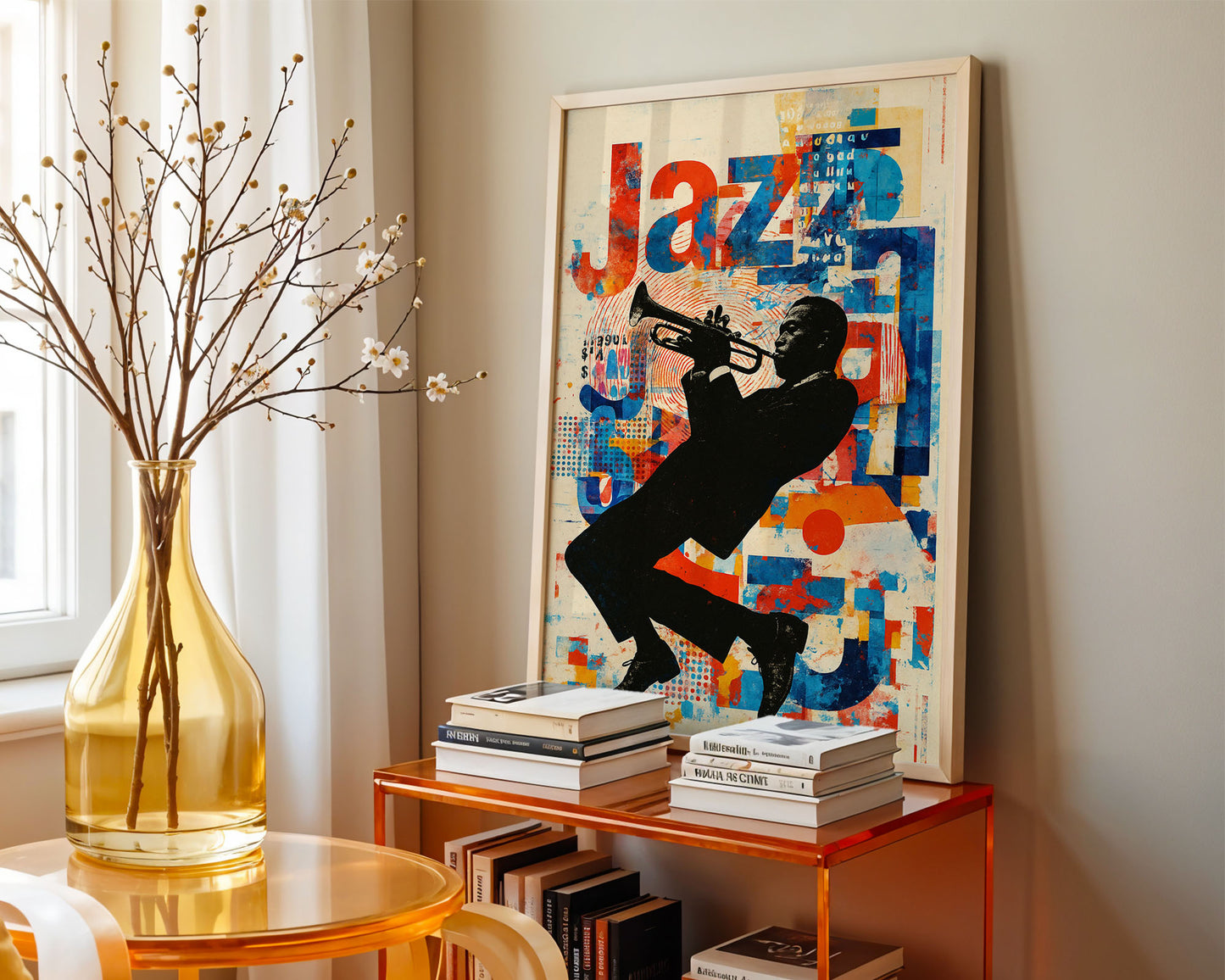Mid-century modern wall art print featured in neutral interior design space