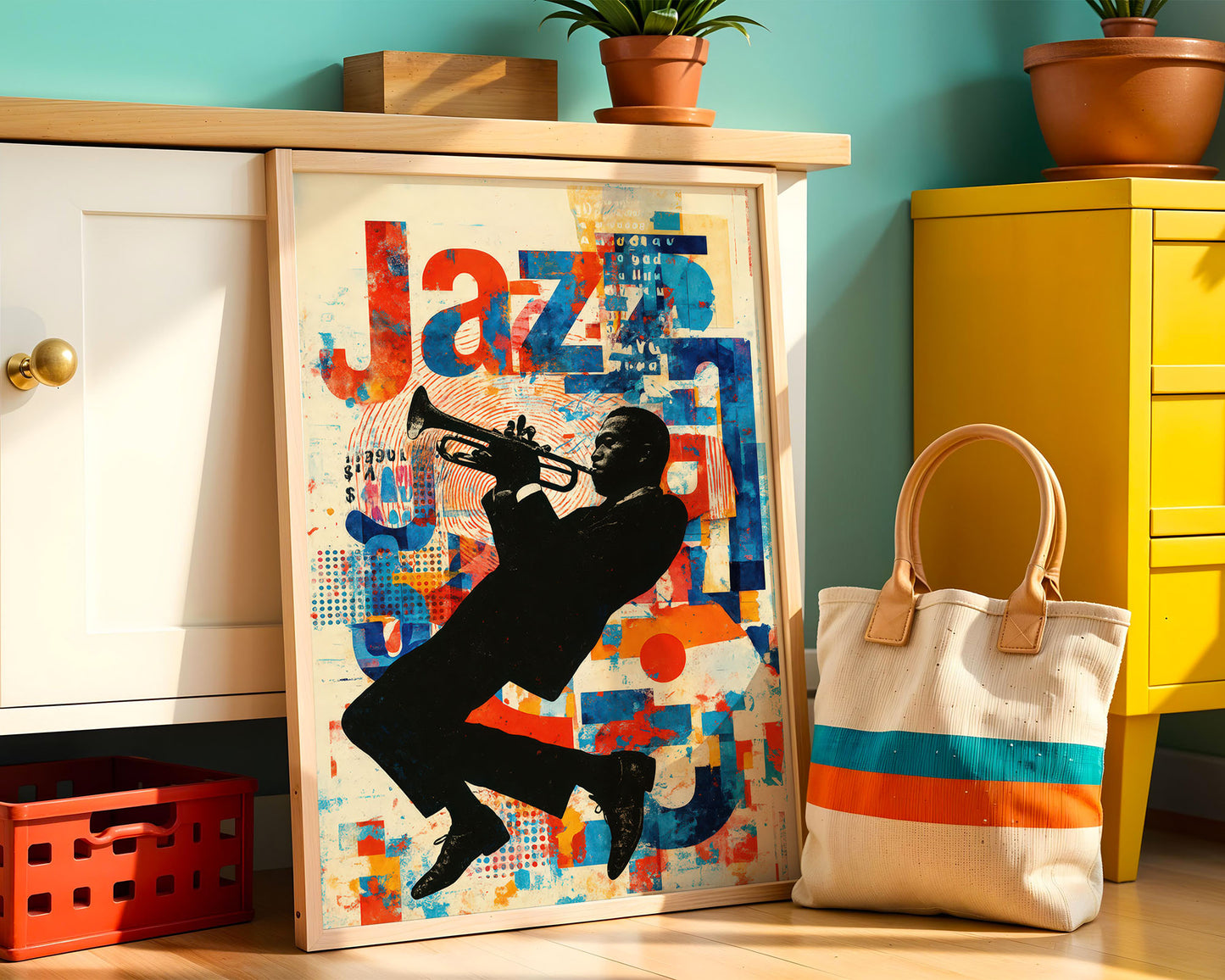 Colorful 'Jazz' poster with a silhouette of a musician playing a trumpet, placed on a wooden surface with a yellow cabinet and decorative items in the background.