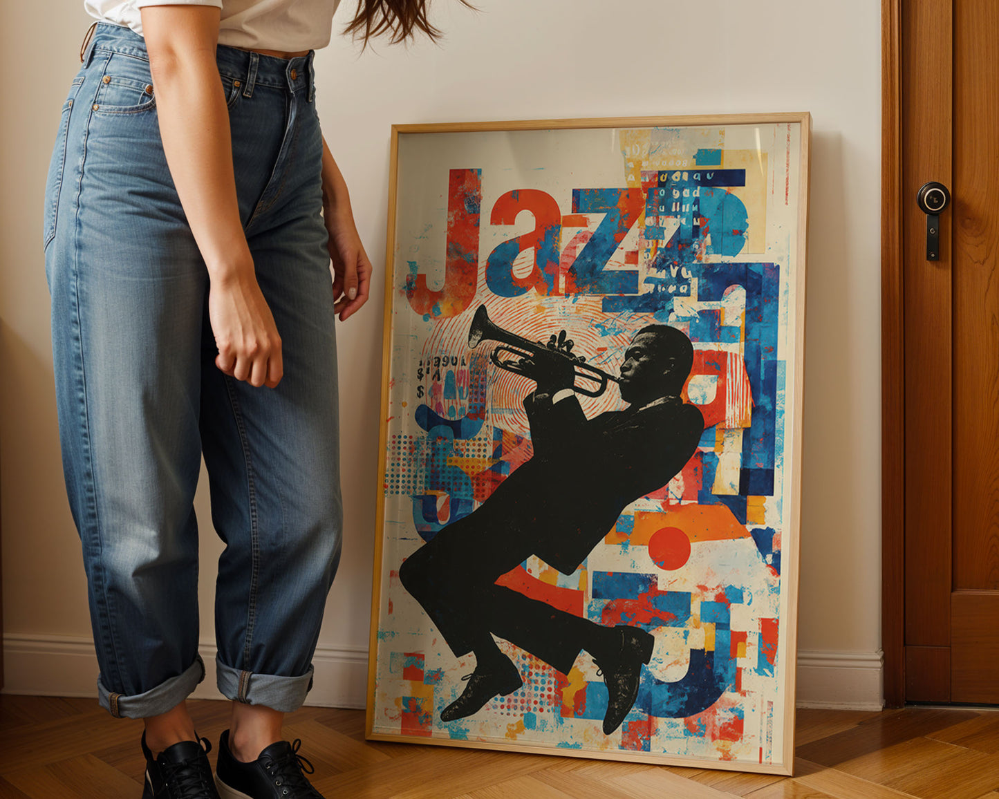 Person standing next to a colorful 'Jazz' poster with a silhouette of a musician playing a trumpet.