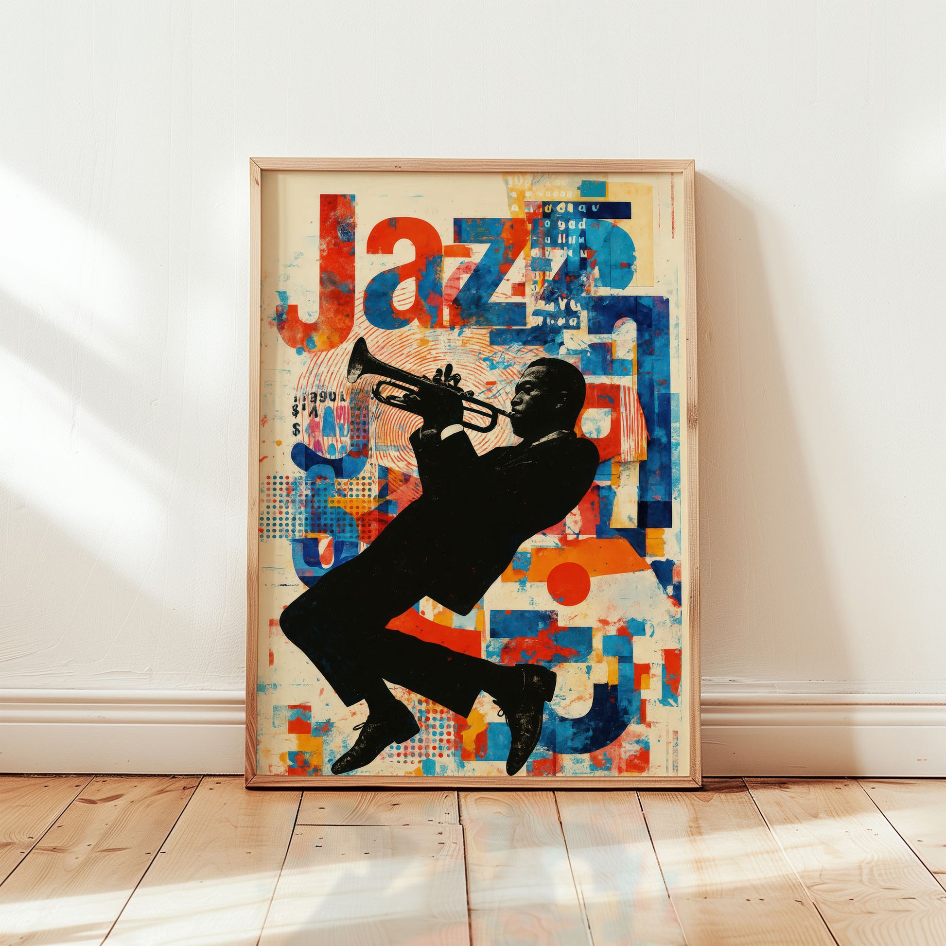 Miles Davis Round Midnight poster with trumpet silhouette in abstract mid-century modern style from Wallgarde
