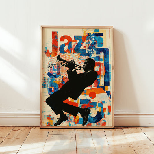Miles Davis Round Midnight poster with trumpet silhouette in abstract mid-century modern style from Wallgarde
