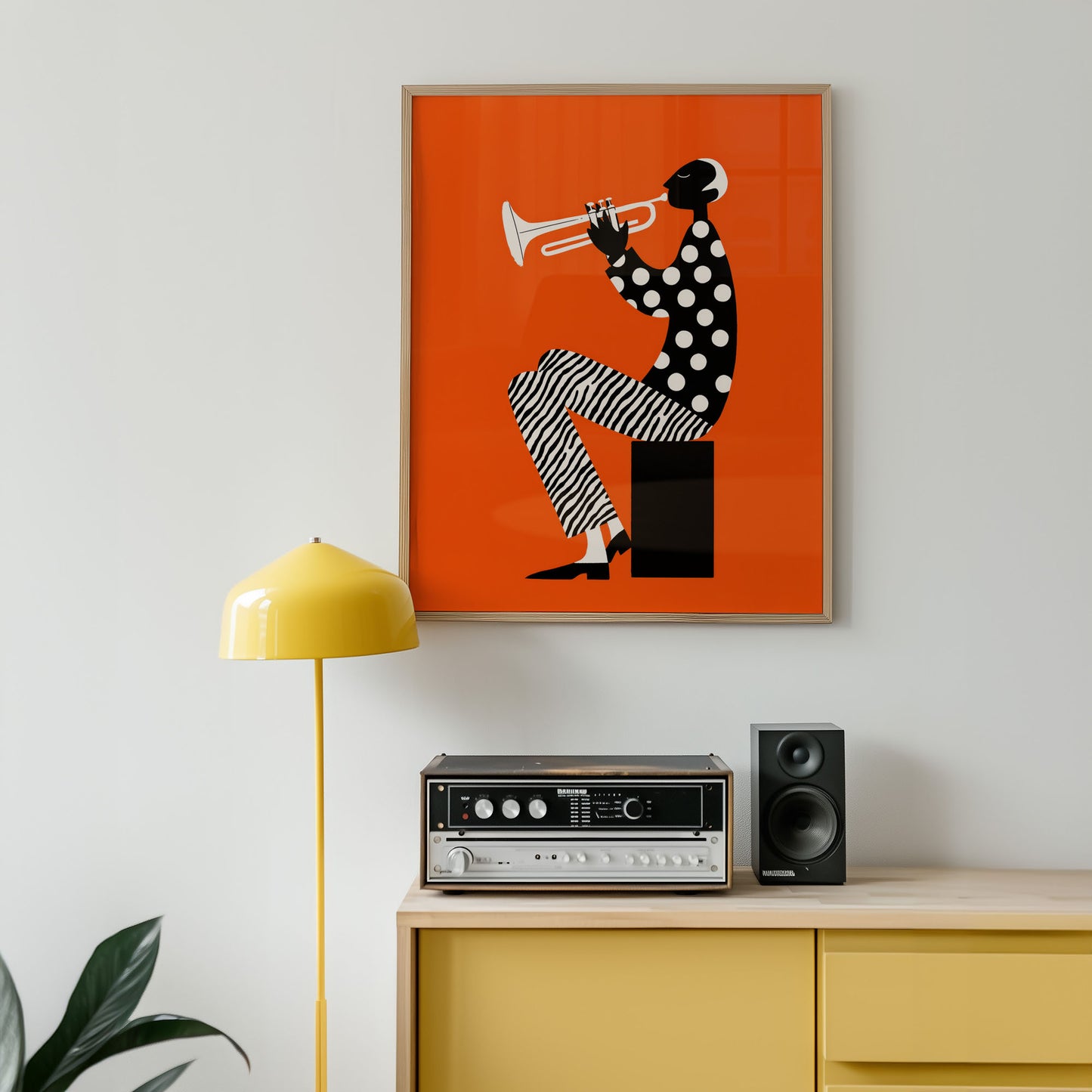Mid-century modern jazz wall art print featuring seated trumpet player on bold orange background from Wallgarde
