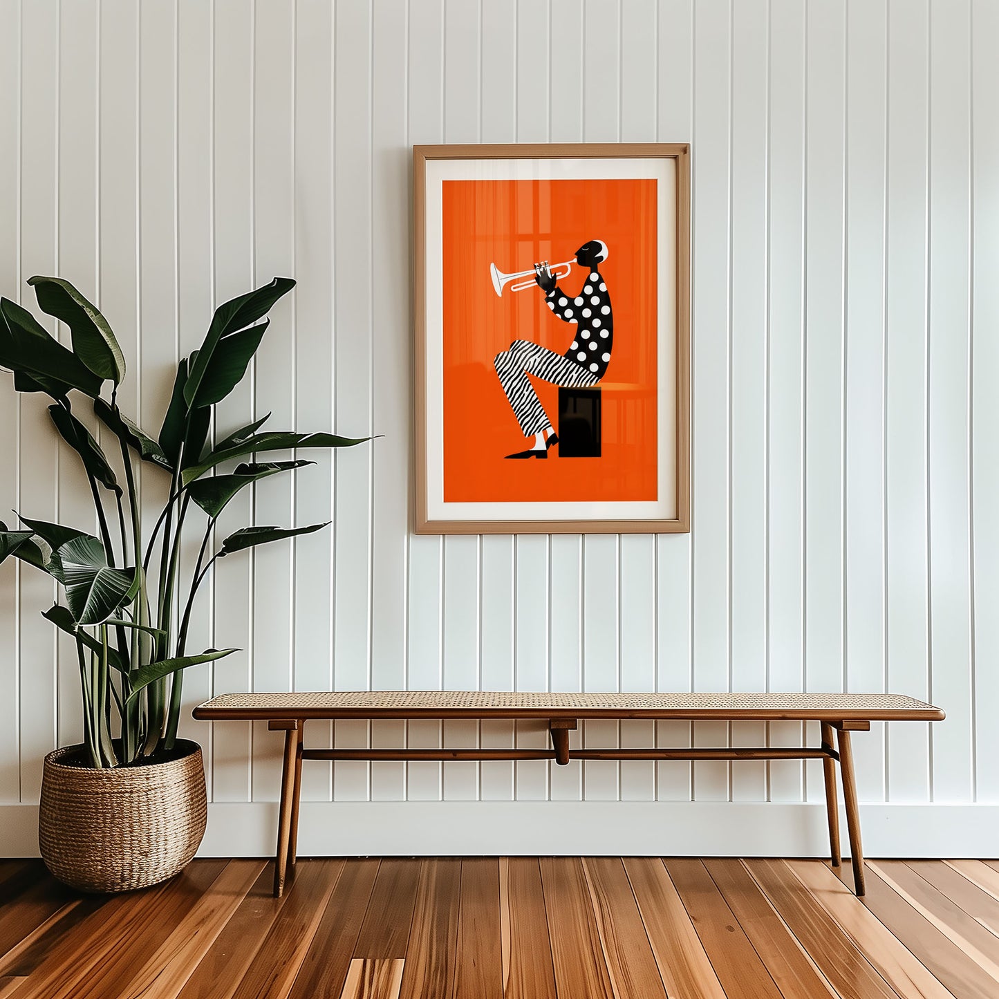 Mid-century modern poster styled in clean Scandinavian inspired living space