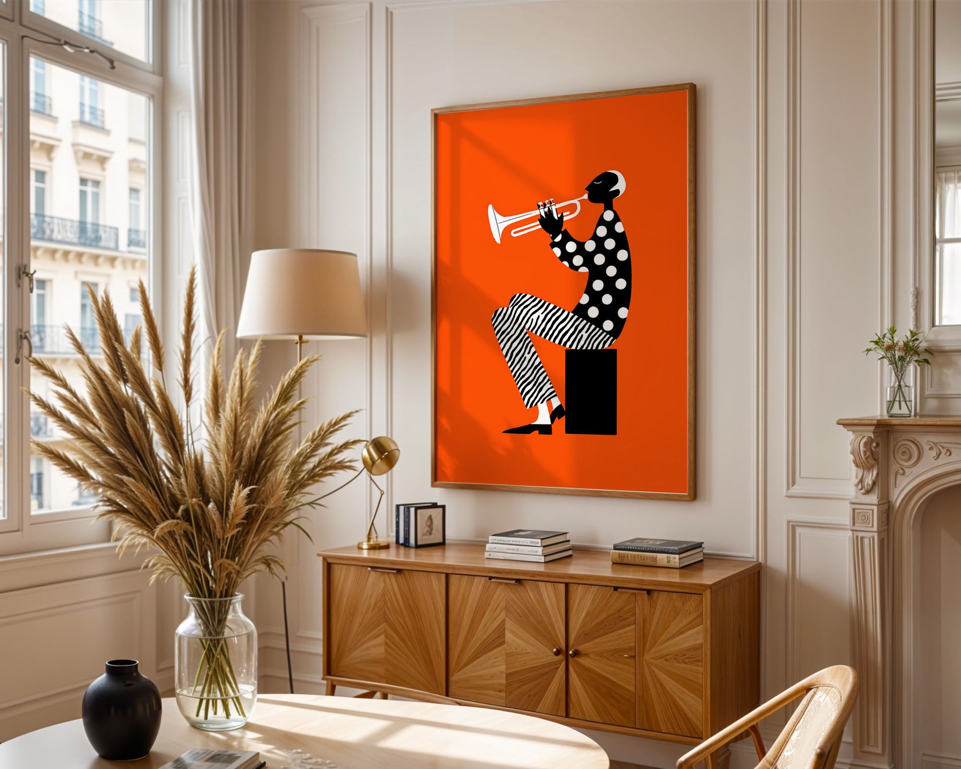 Seated trumpet player poster in mid-century modern style with orange background from Wallgarde
