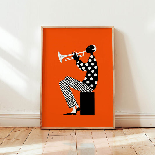Orange mid-century modern Miles Davis jazz art print with seated trumpet musician graphic design from Wallgarde
