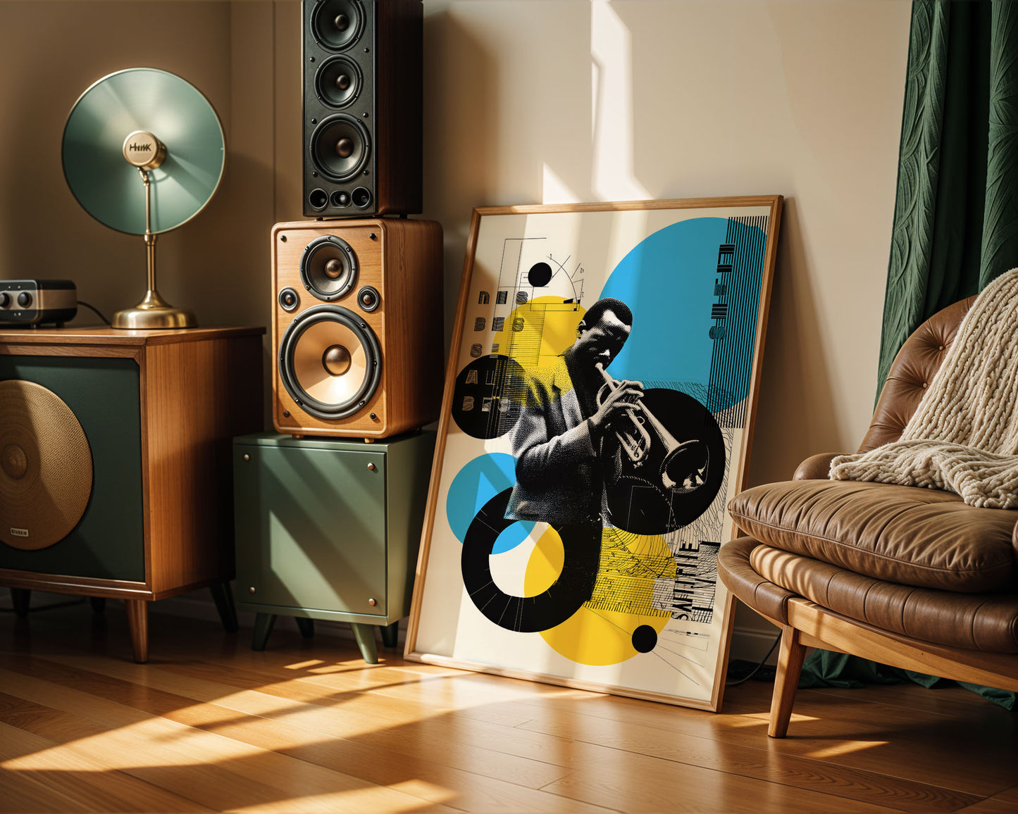 Living room with speakers, a lamp, and a colorful abstract Miles Davis poster on a wall.