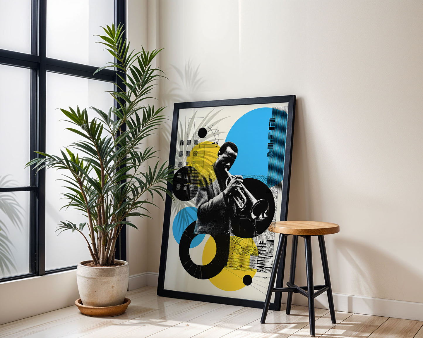 Framed artwork of a Jazz musician playing a trumpet in a mid-century style interior