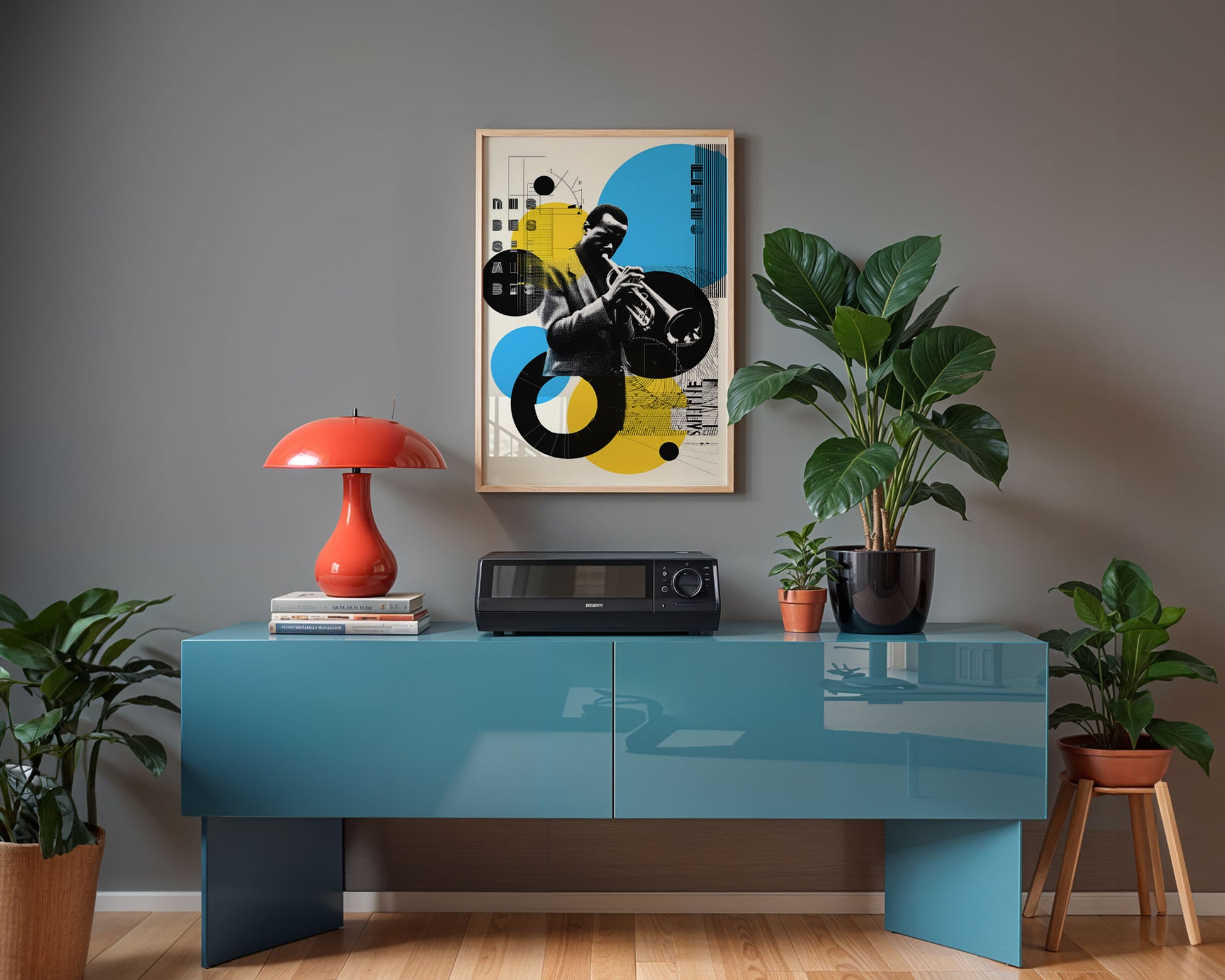 Modern interior with a blue console table, red lamp, and decorative Jazz wall art. 