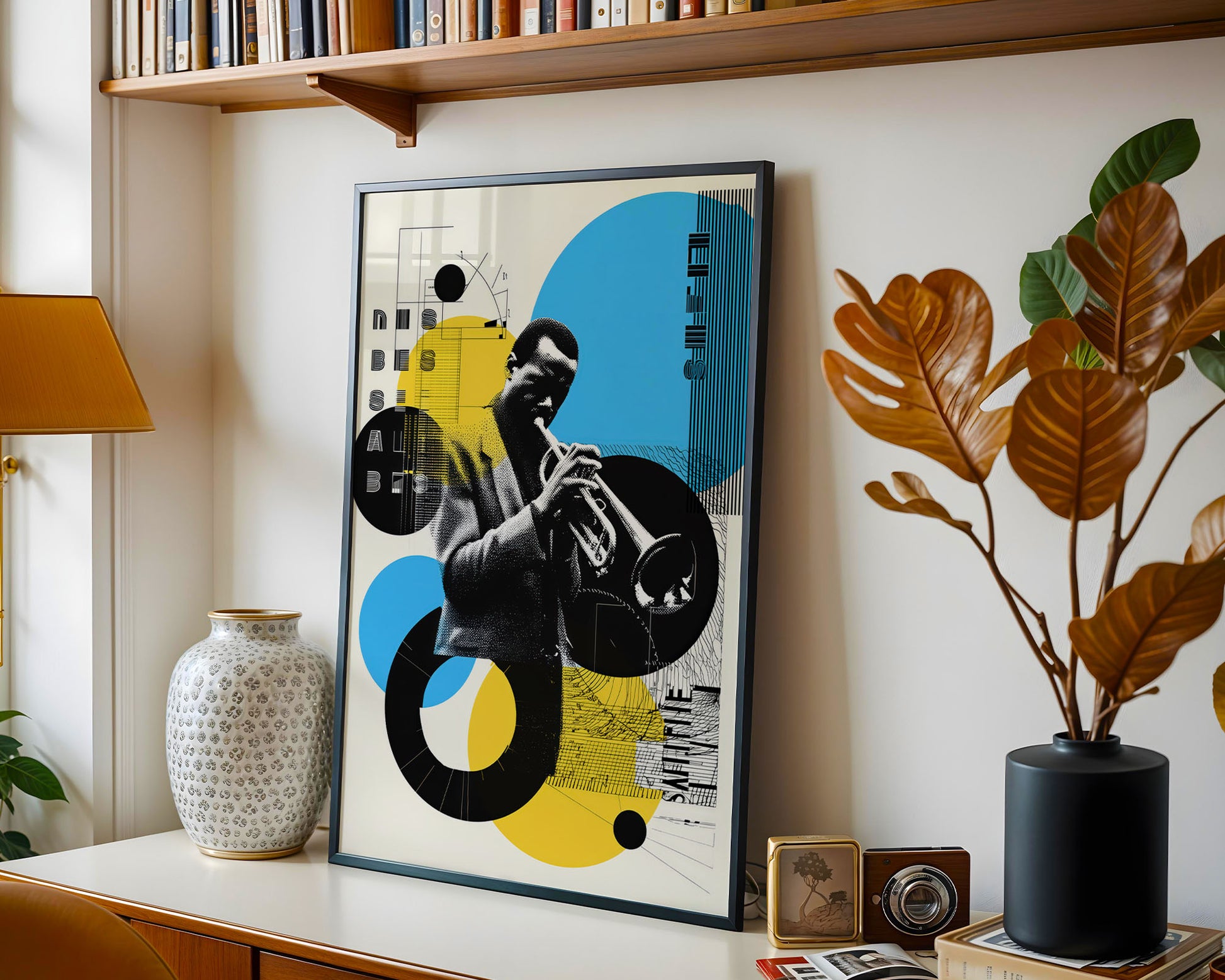 Framed artwork of a jazz musician on a wall with decorative elements.