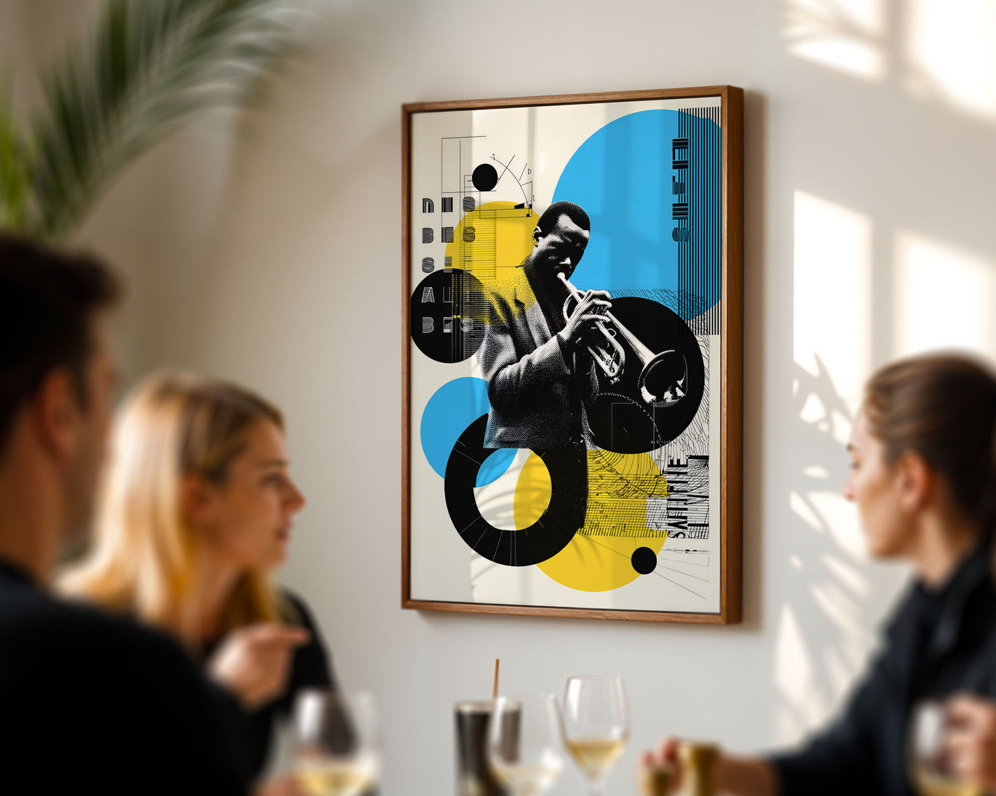 Framed artwork of a Jazz musician playing a trumpet on a wall in a social setting.