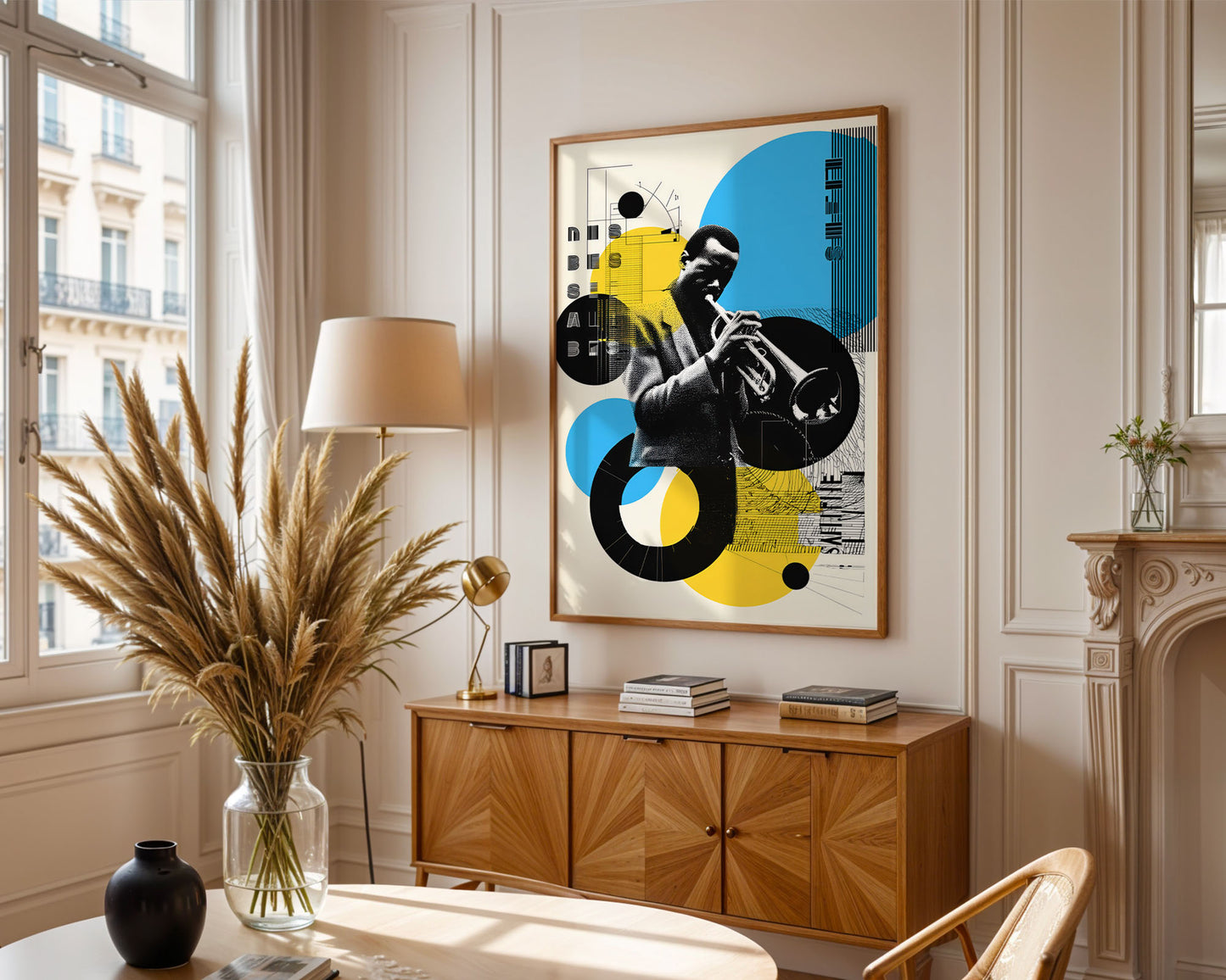 Living room with abstract art, wooden cabinet, and decorative items.