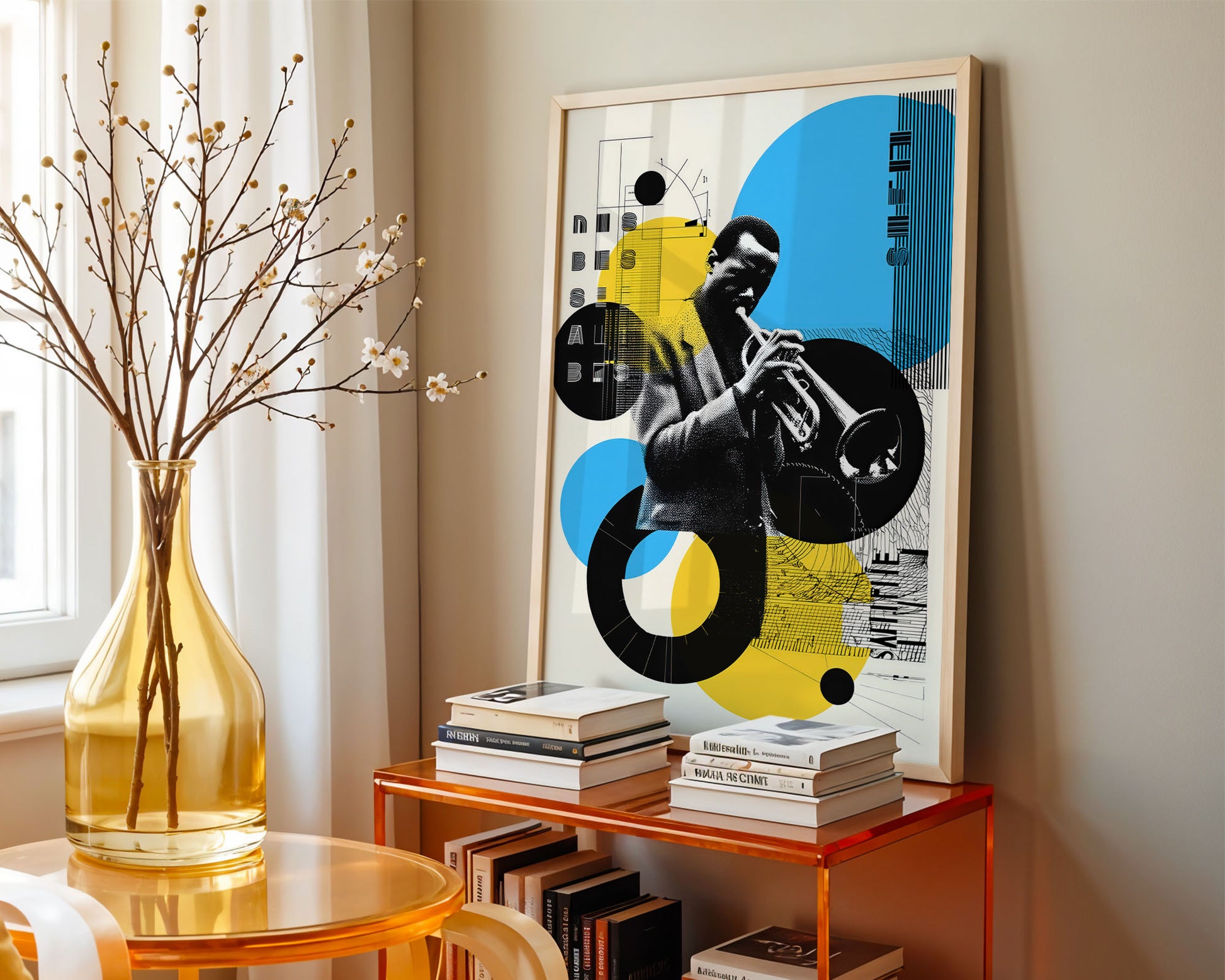 Modern interior with abstract art of a Jazz musician playing a trumpet, books, and a vase with branches.