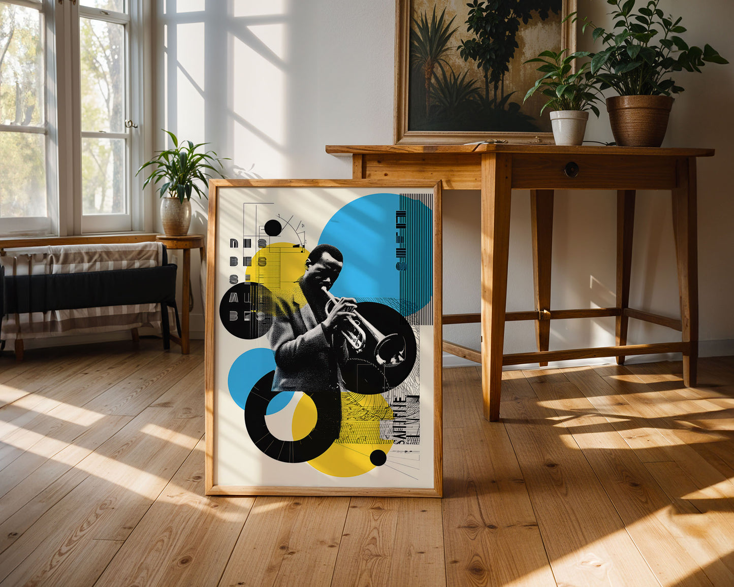 Mid-century modern poster styled in clean Scandinavian inspired living space