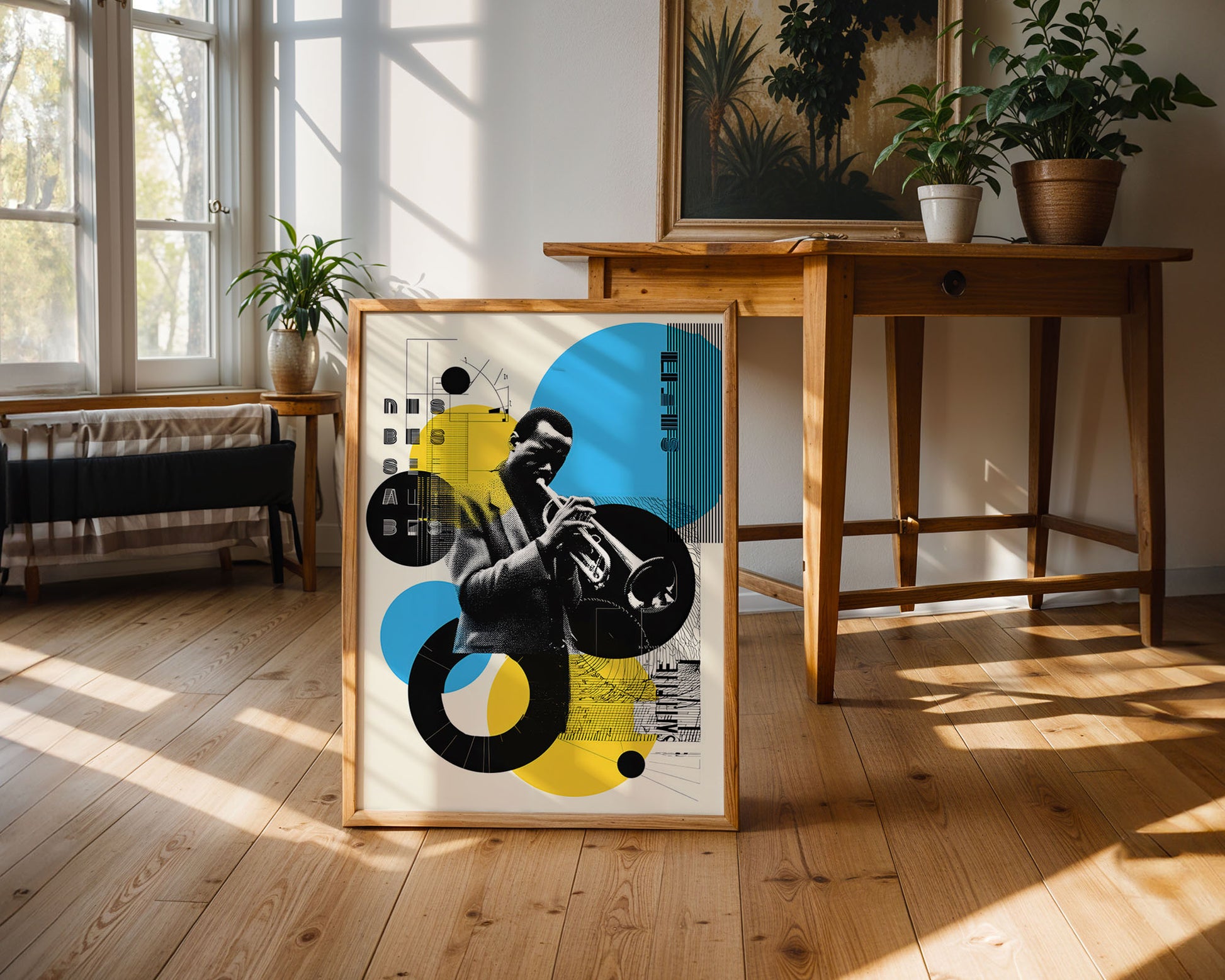Mid-century modern poster styled in clean Scandinavian inspired living space