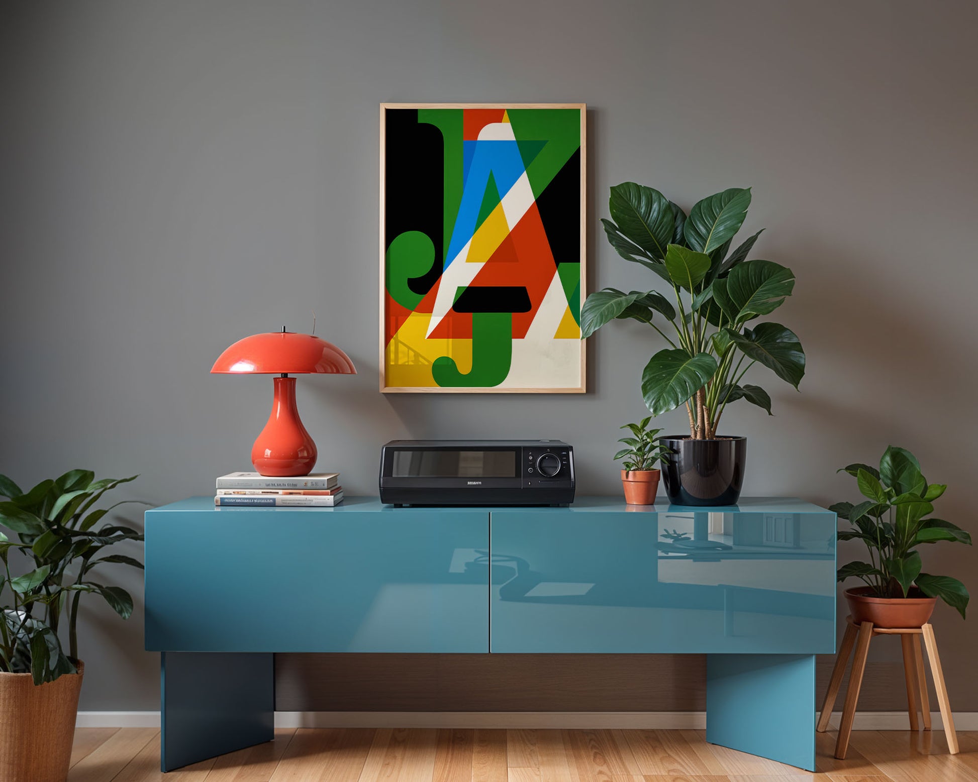 New York jazz art print with modernist geometric typography and bold colourful abstract design
