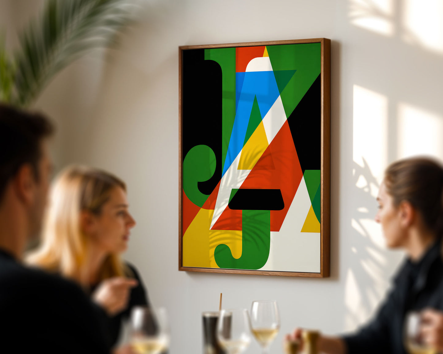 Abstract artwork with colorful geometric design on a wall in a social setting