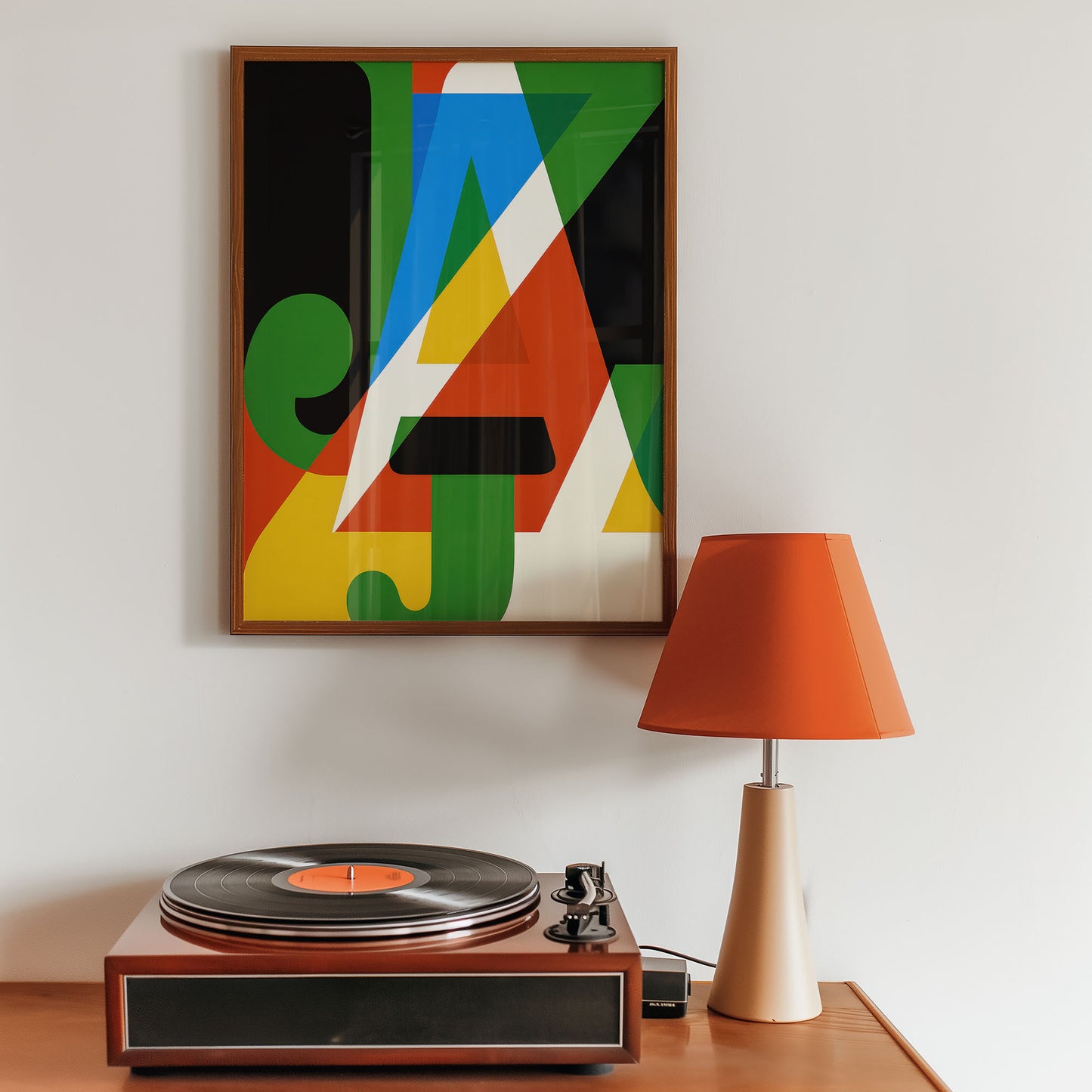 Turntable with a vinyl record next to a colorful abstract painting on a wall.