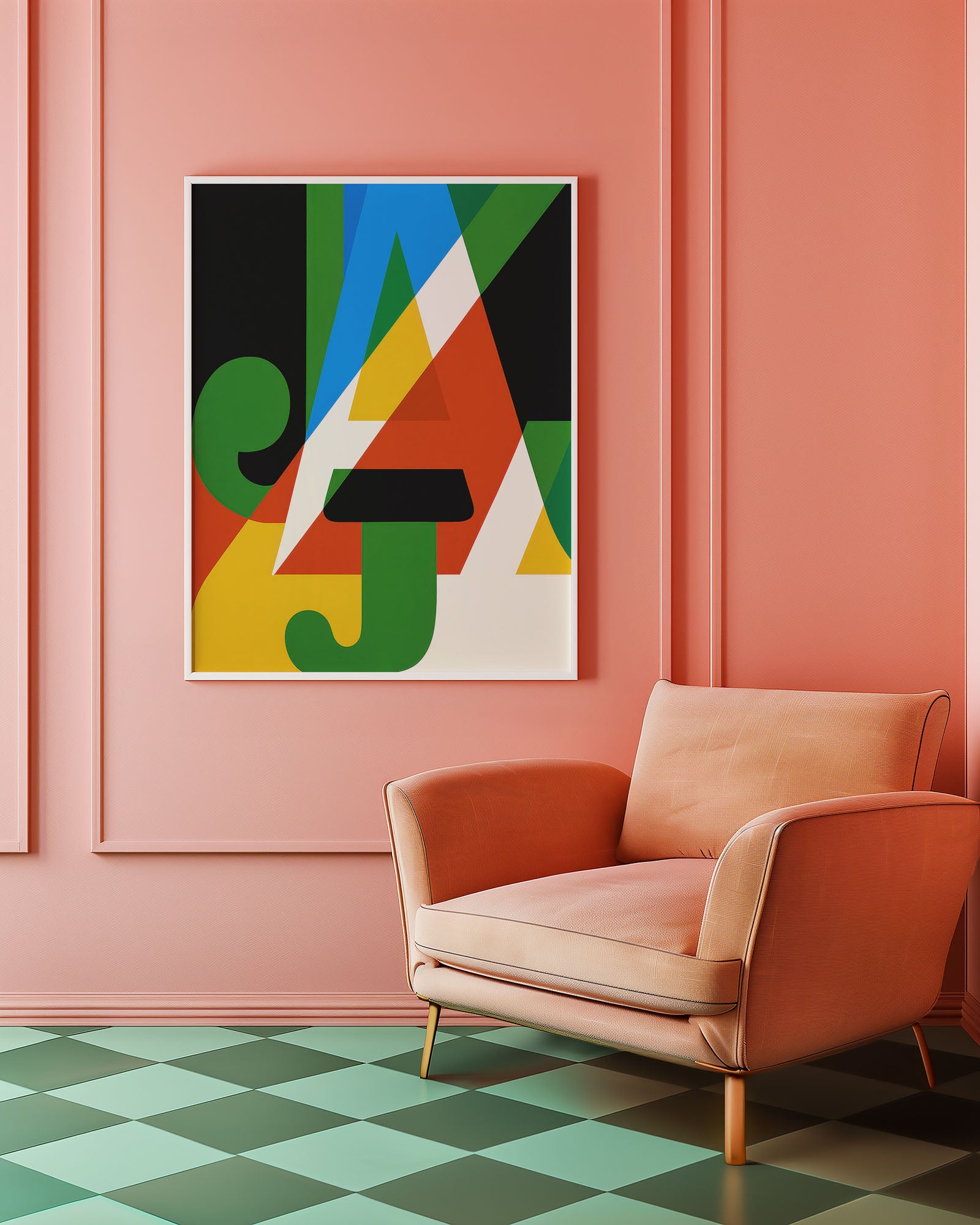 Mid-century modern poster styled in clean Scandinavian inspired living space