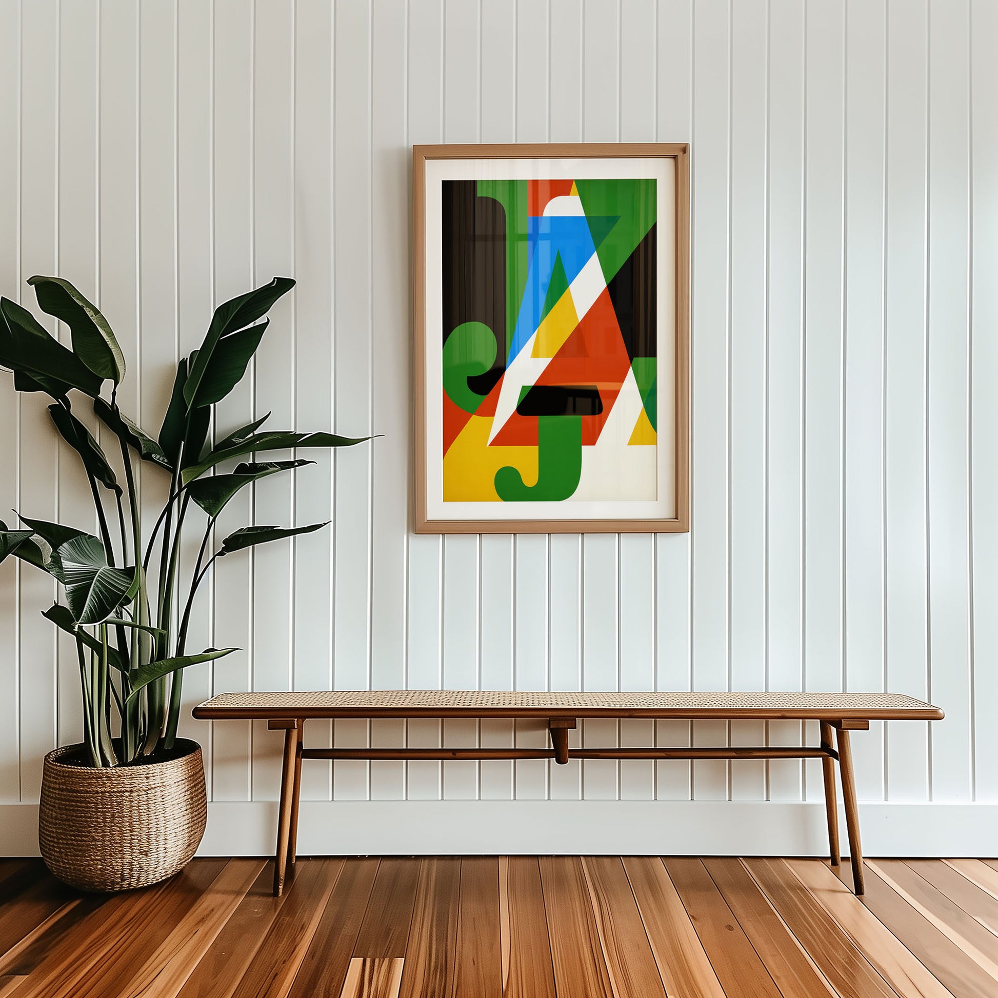 Framed mid-century style wall art print styled against minimalist interior wall