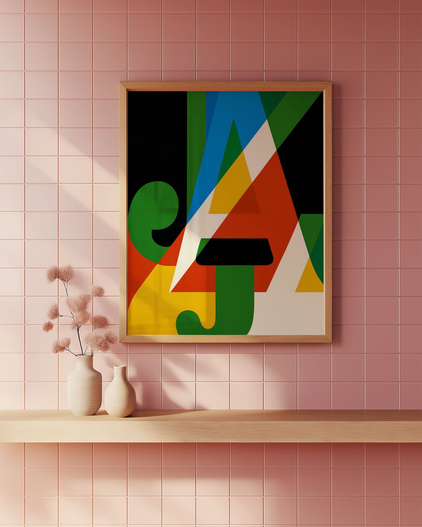Colorful abstract art print on a pink tiled wall with a wooden shelf and vase.