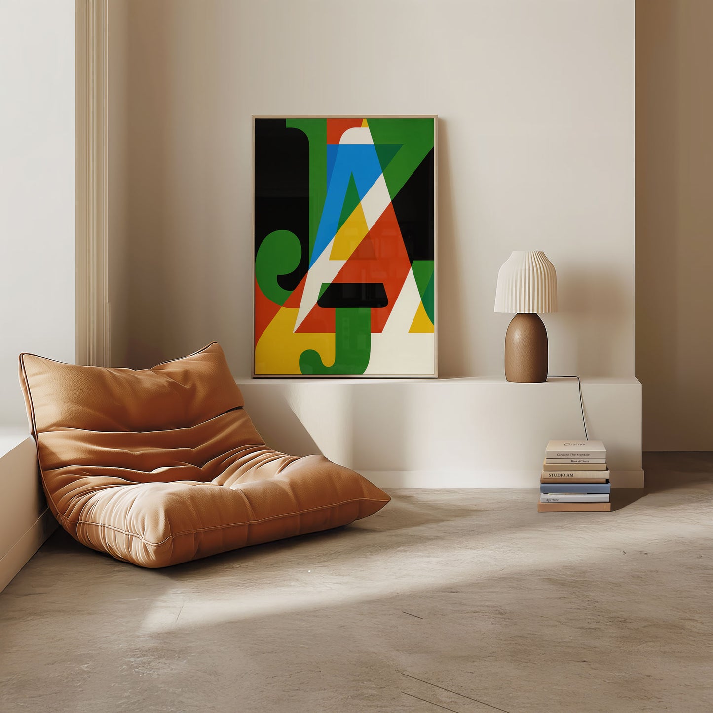 Modern living room with a brown leather chair, abstract art, and a lamp.