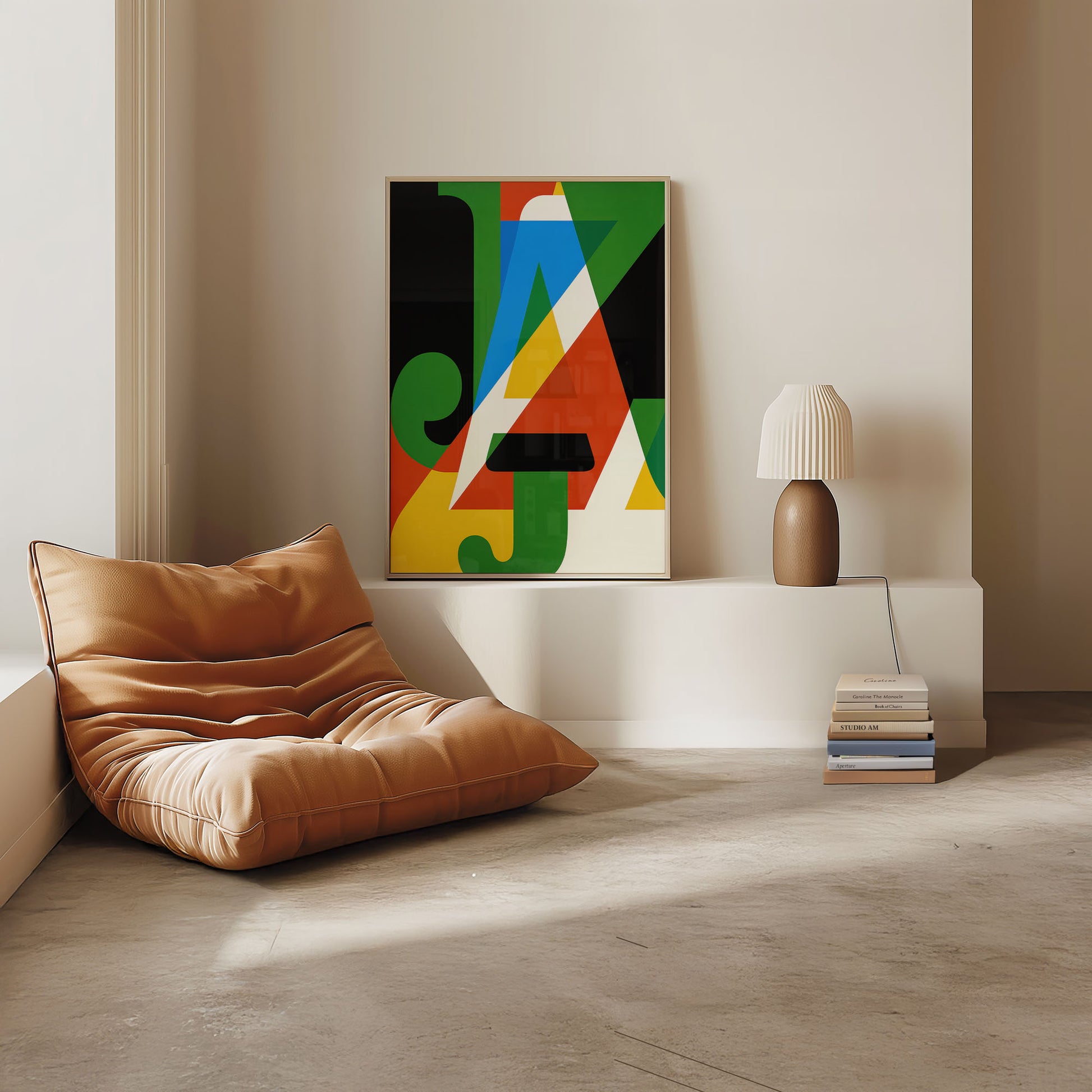 Modern living room with a brown leather chair, abstract art, and a lamp.