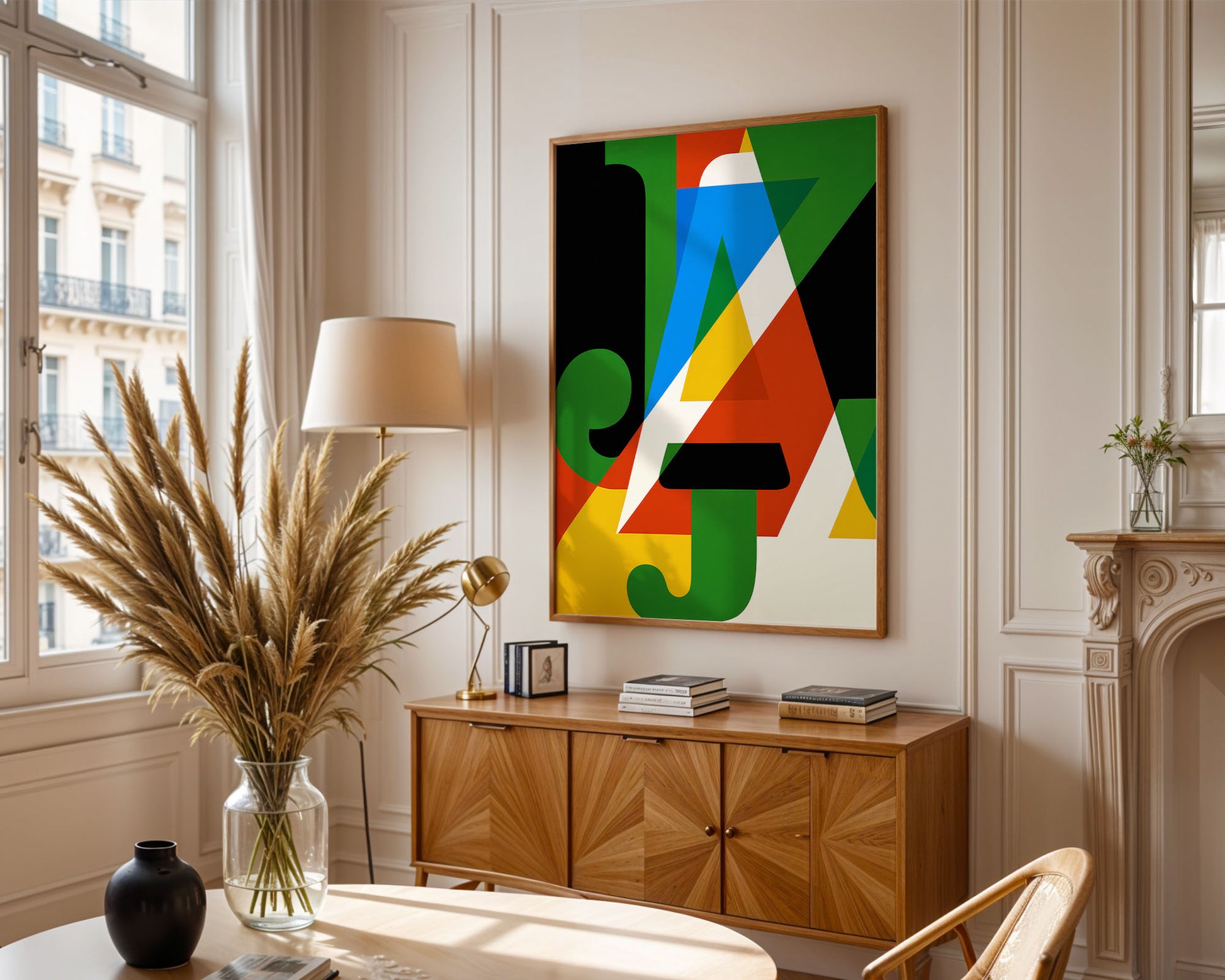 Modern living room with a colorful abstract painting on the wall, wooden cabinet, and decorative items.