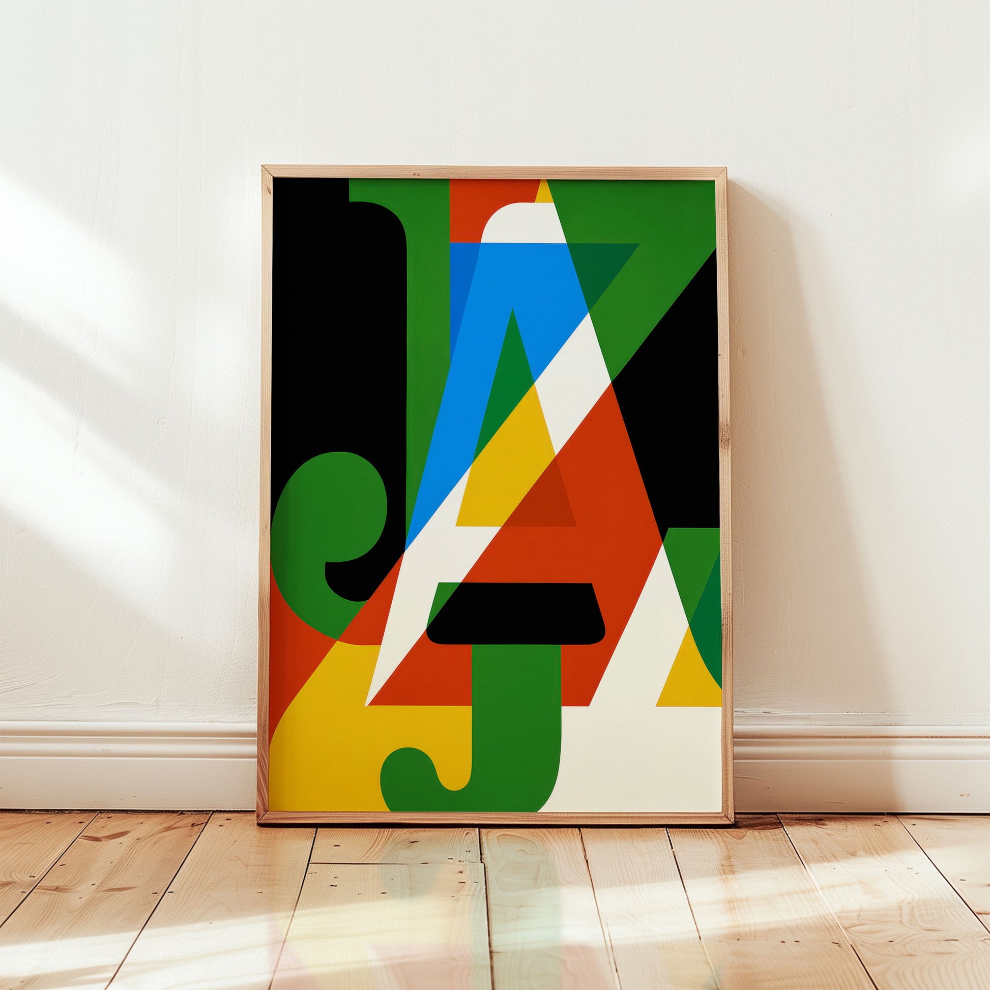 New York jazz wall art featuring modernist abstract typography in bold geometric mid-century style from Wallgarde
