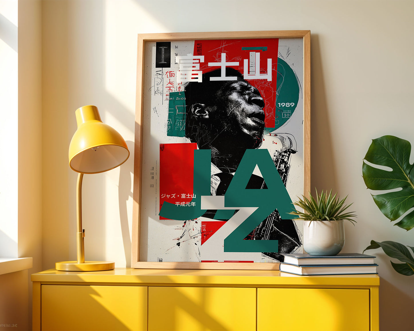 Framed artwork with abstract design and 'LA' on a yellow cabinet with a lamp and plant.