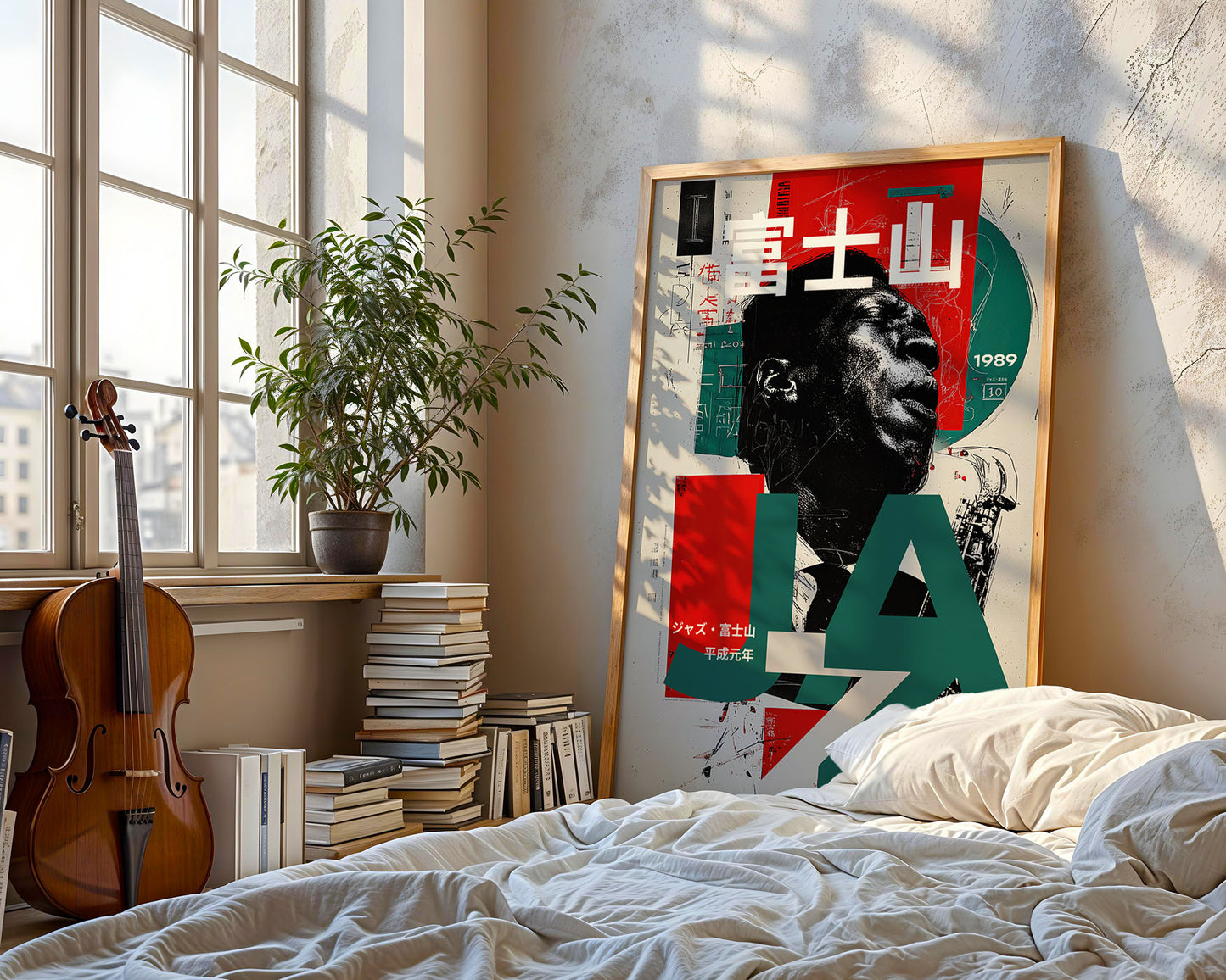 Room interior with a large framed poster on the wall, books, and a violin.