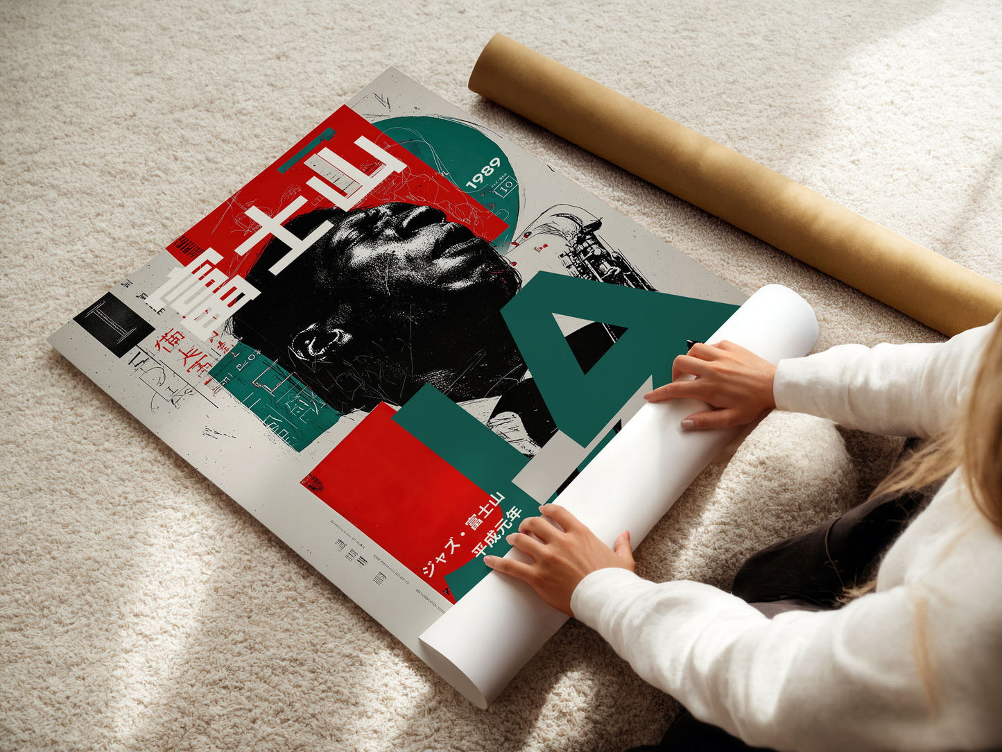 Person unrolling a large poster with artistic design on a carpeted floor