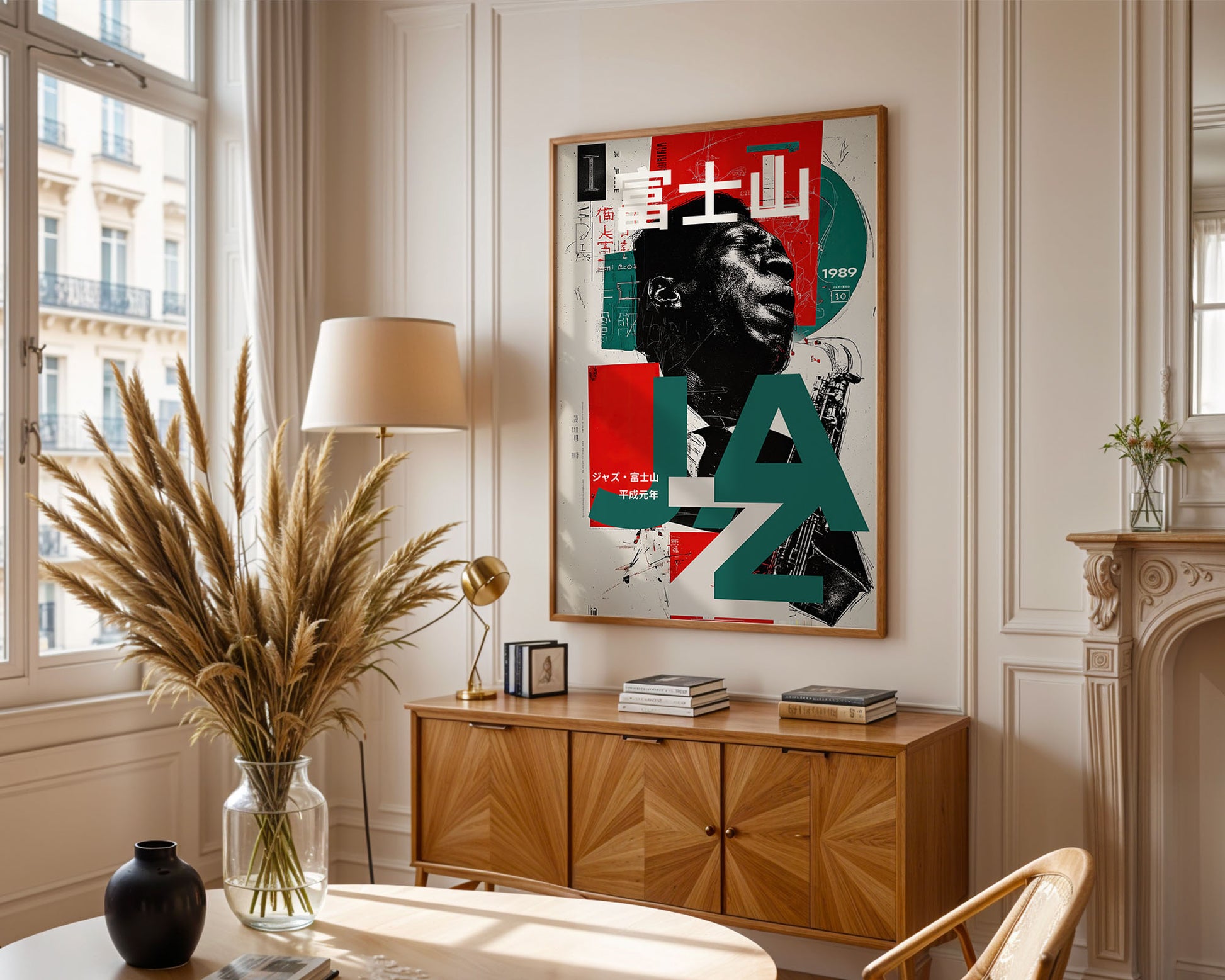 Modern living room with a wooden cabinet, decorative vase, and abstract art on the wall.