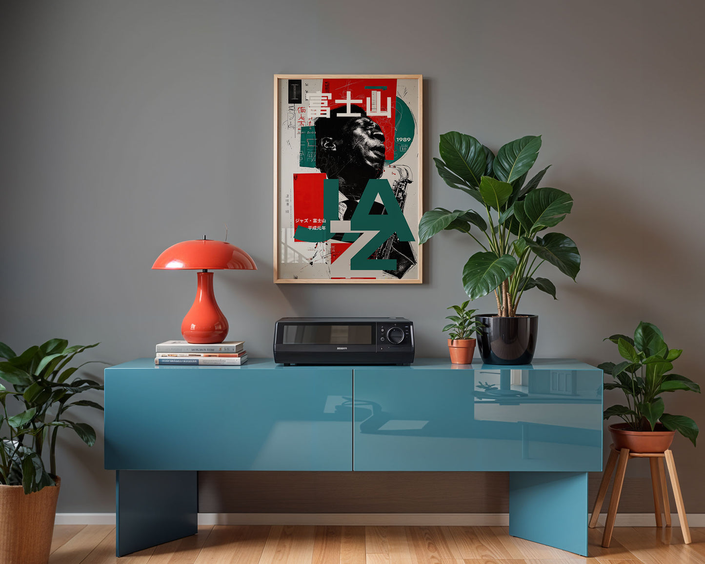 Mid-century inspired art poster styled above sofa in modern home decor setting
