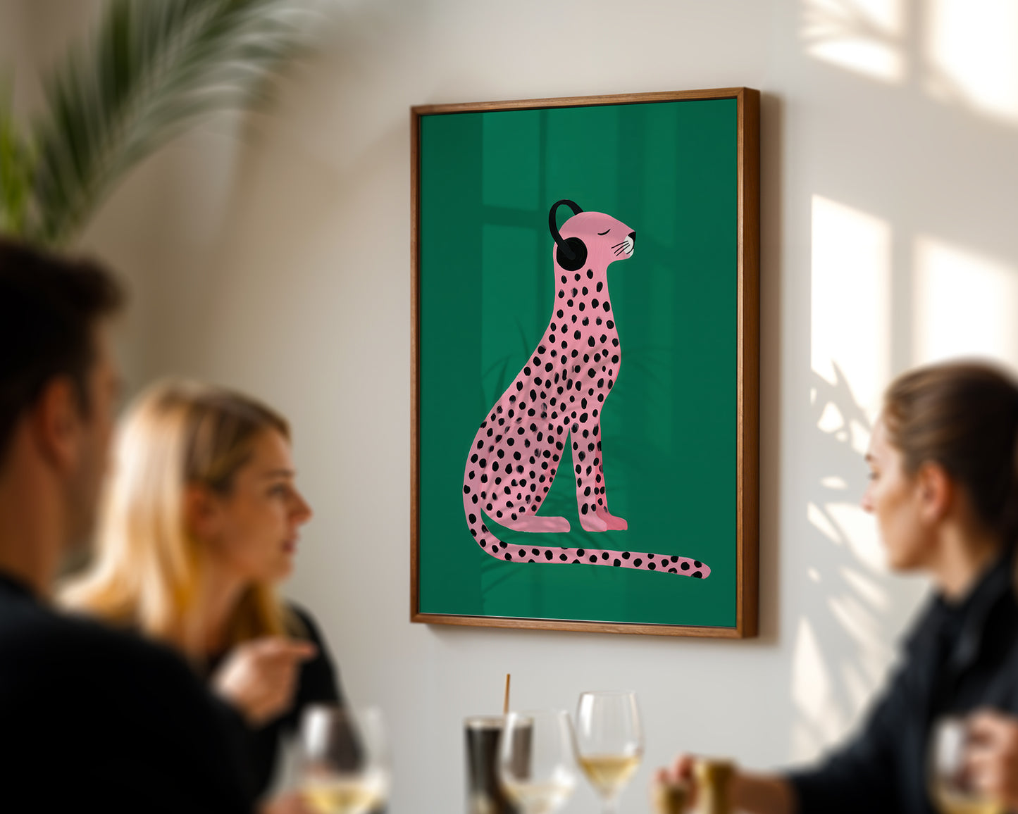retro illustration print of a pink cheetah on a green background in a social setting.