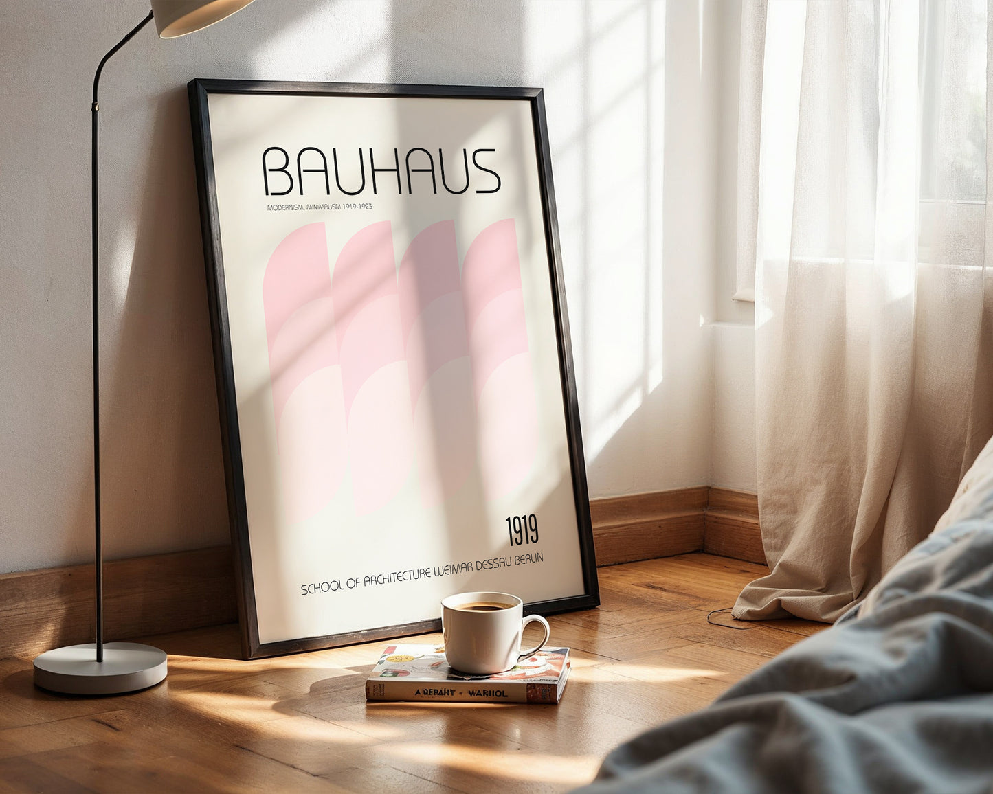 Framed Bauhaus poster in a Mid-century modern neutral interior design space