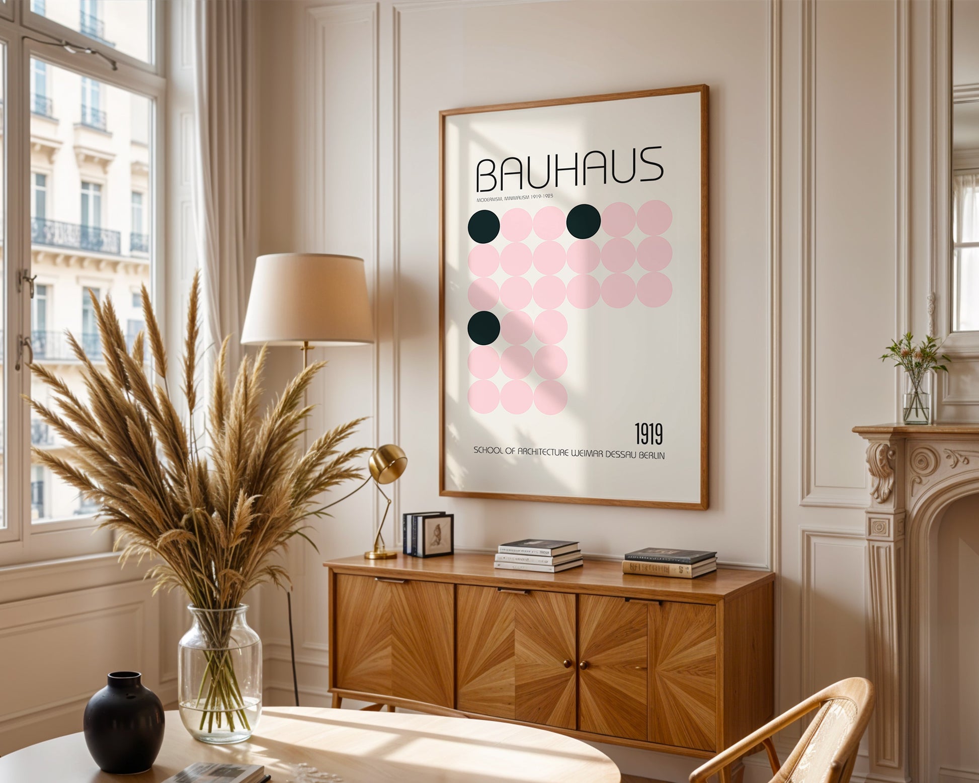 Colourful mid-century Bauhaus poster adding bold accent to modern home interior