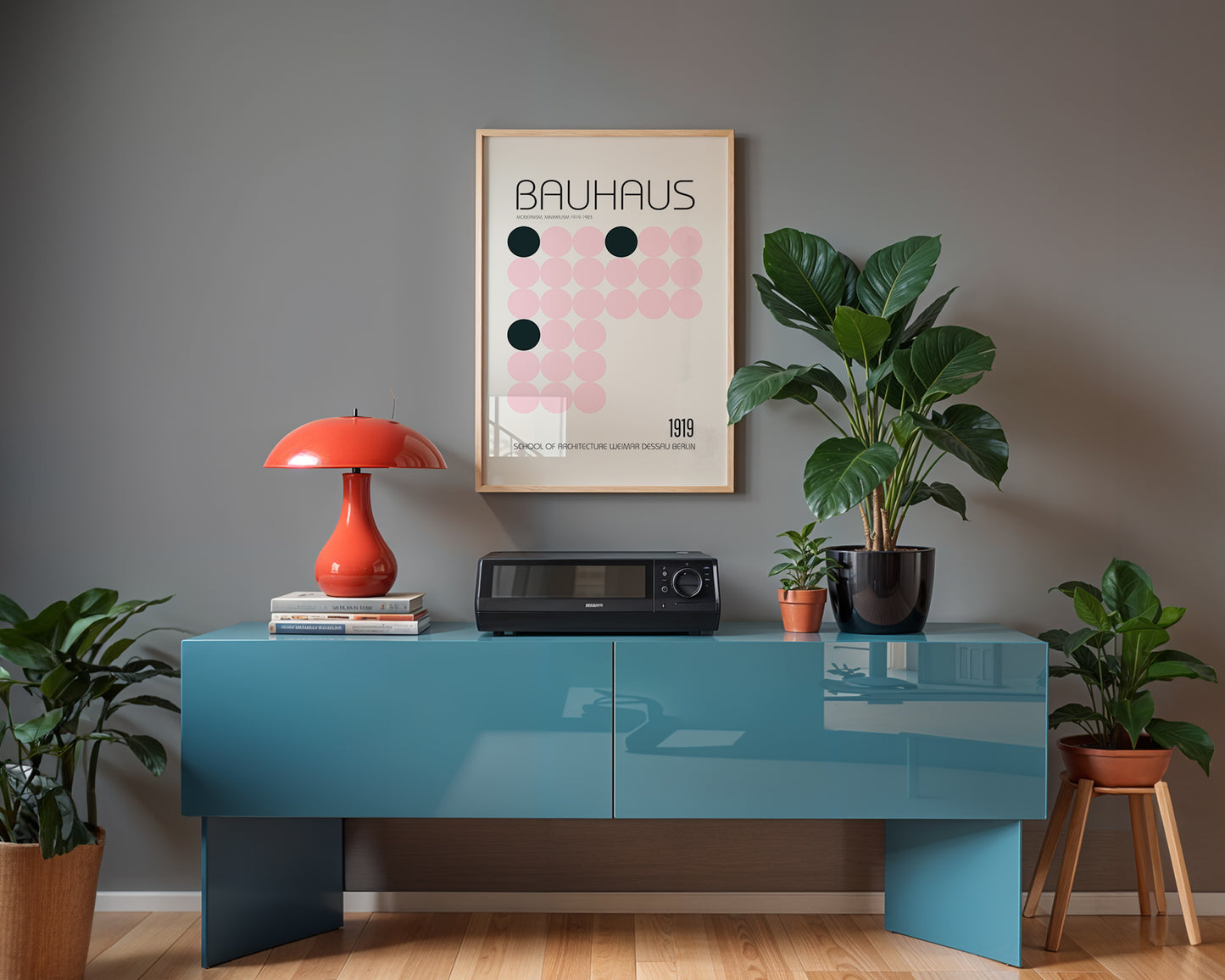 Mid-century modern Bauhaus poster styled in clean Scandinavian inspired living space 