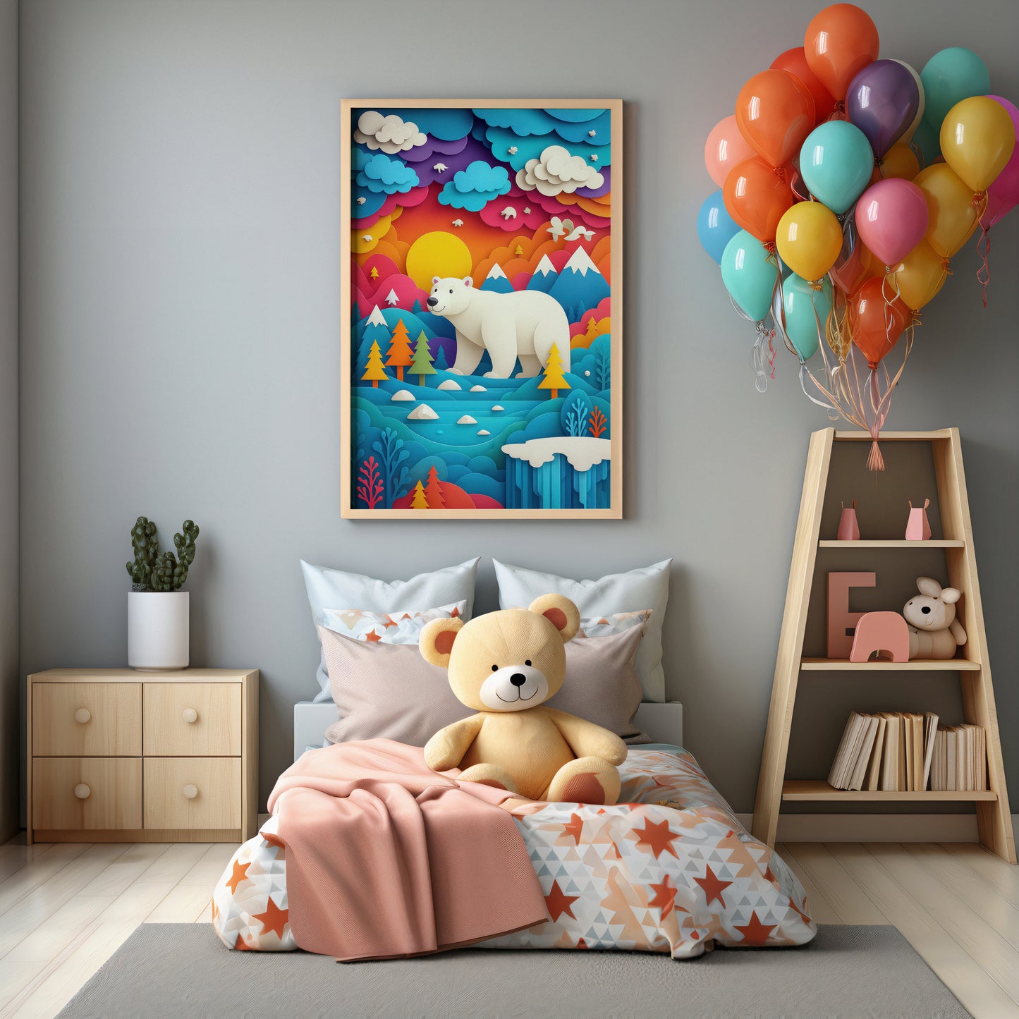 Colorful polar bear nursery poster with layered paper-cut mountains and bright sunset landscape designed for children's room decor.