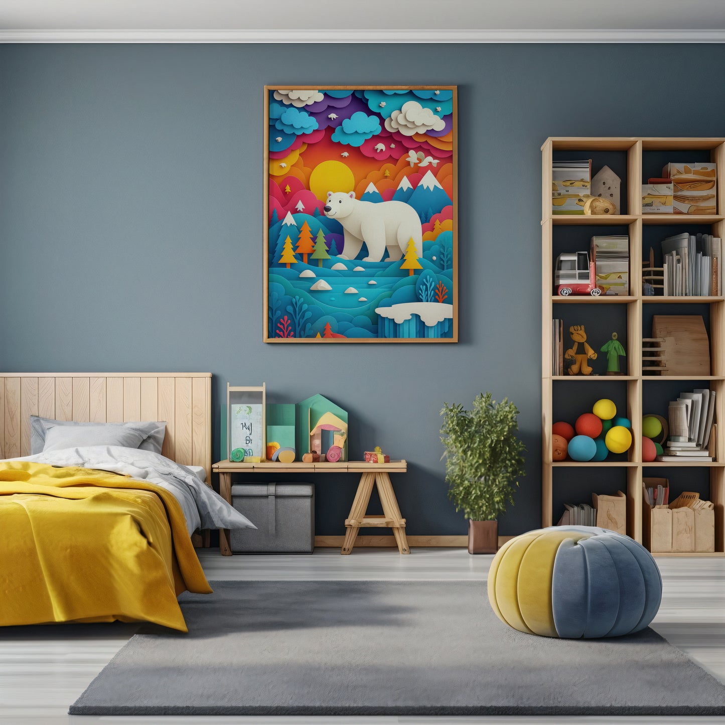 Children's bedroom with colorful wall art of a polar bear, bookshelf, and yellow bedspread.