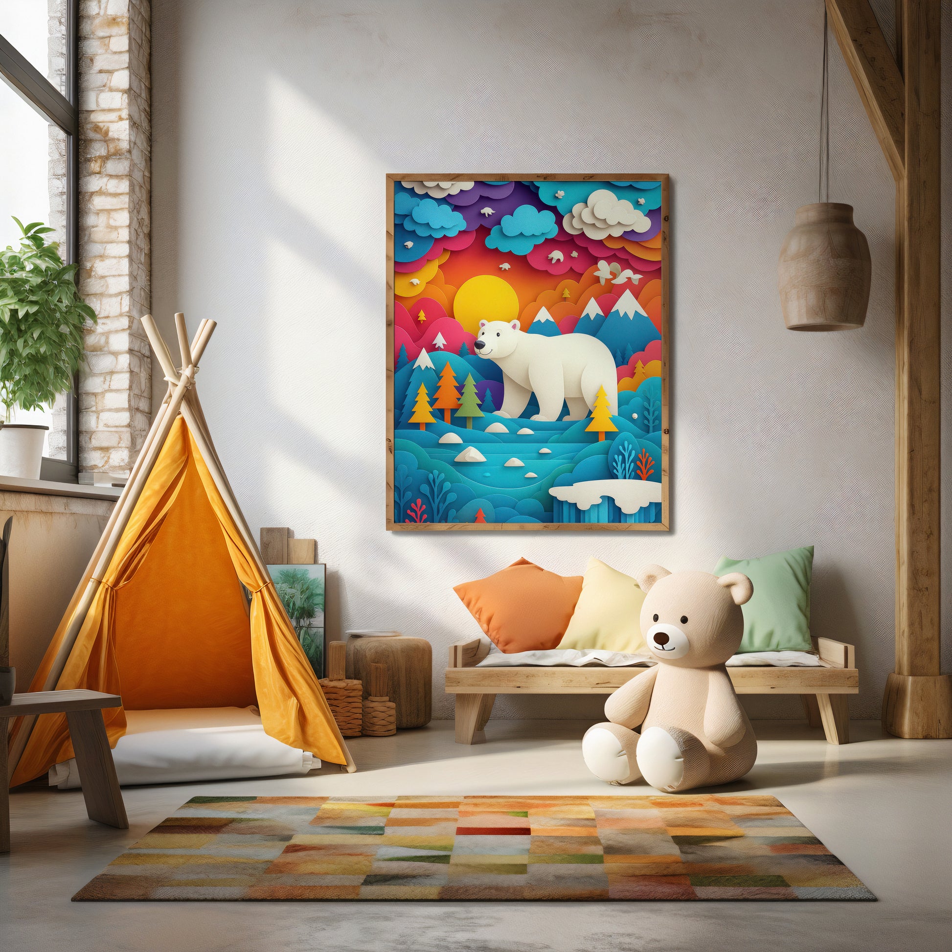 Colorful polar bear nursery wall art print displayed in wooden frame featuring layered paper-cut arctic mountains and sunset landscape.
