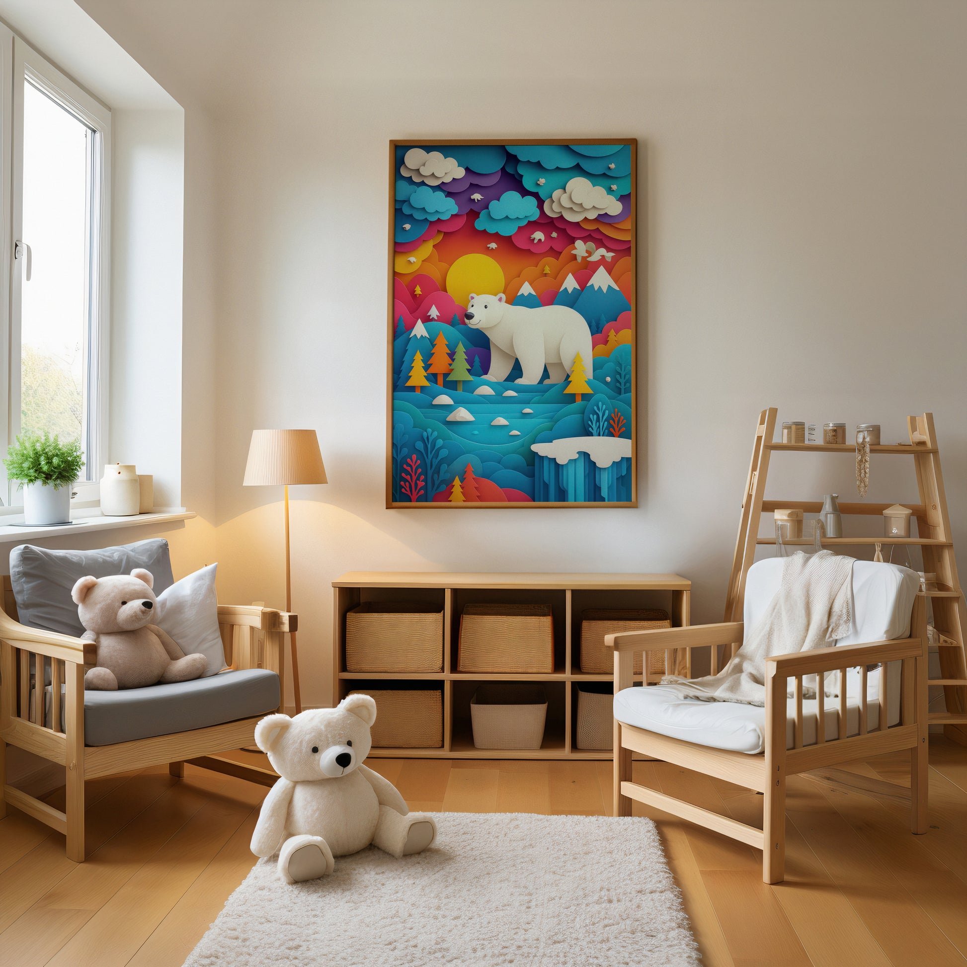 Children's room with wooden furniture, teddy bear, and colorful wall art.