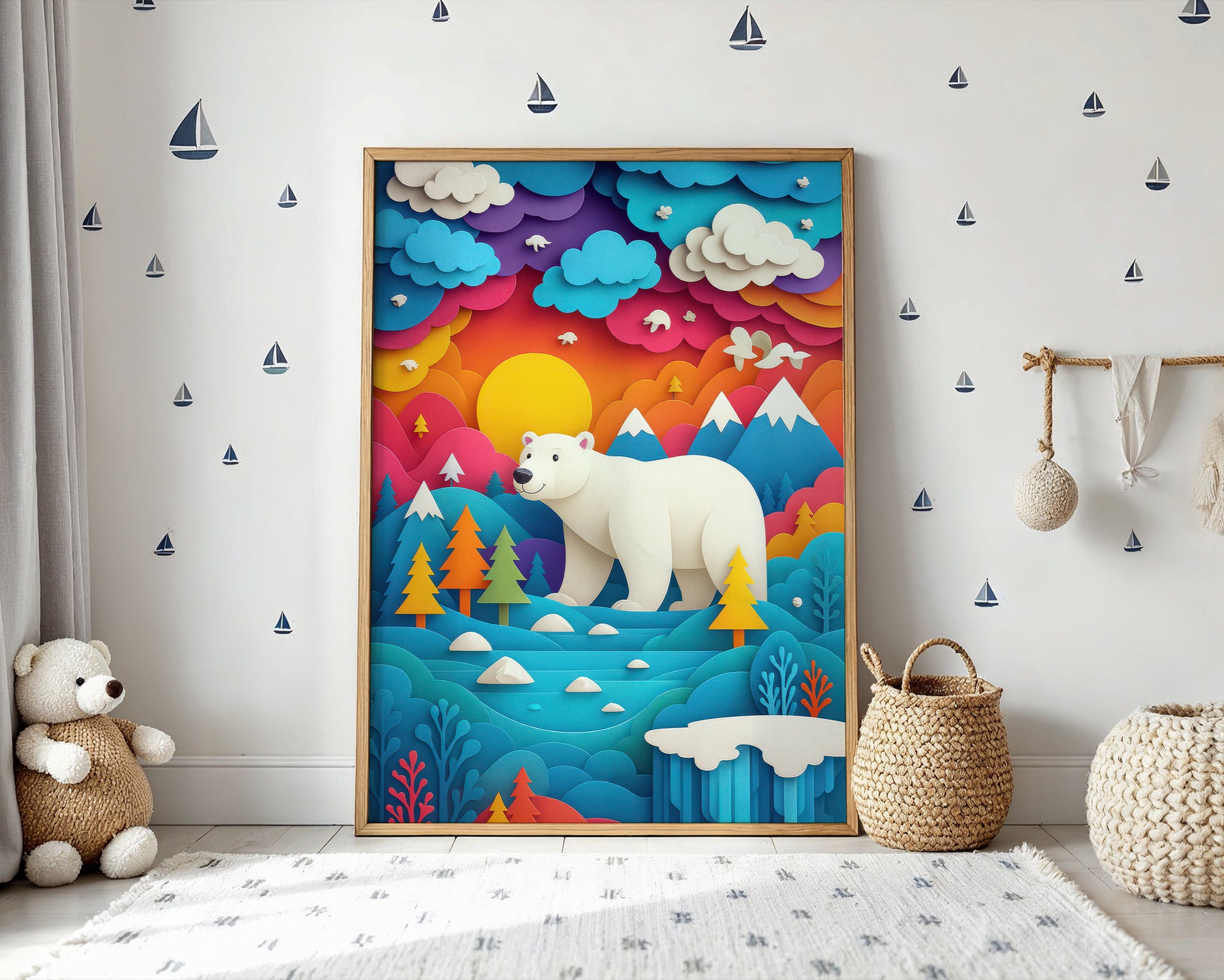 polar bear nursery wall art with layered paper-cut mountains and bright sunset landscape designed for children's room decor.