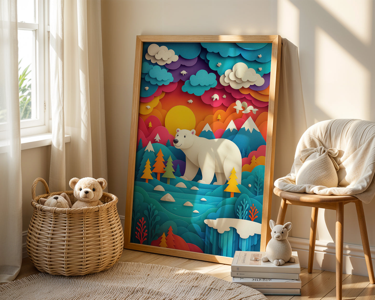 Children's room with a colorful wall art of polar bears and nature, a basket with teddy bears, and a chair with a plush toy.