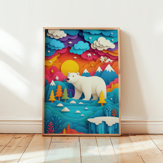 Colourful polar bear nursery wall art print featuring playful layered paper-cut mountains, sunset sky and arctic landscape illustration.