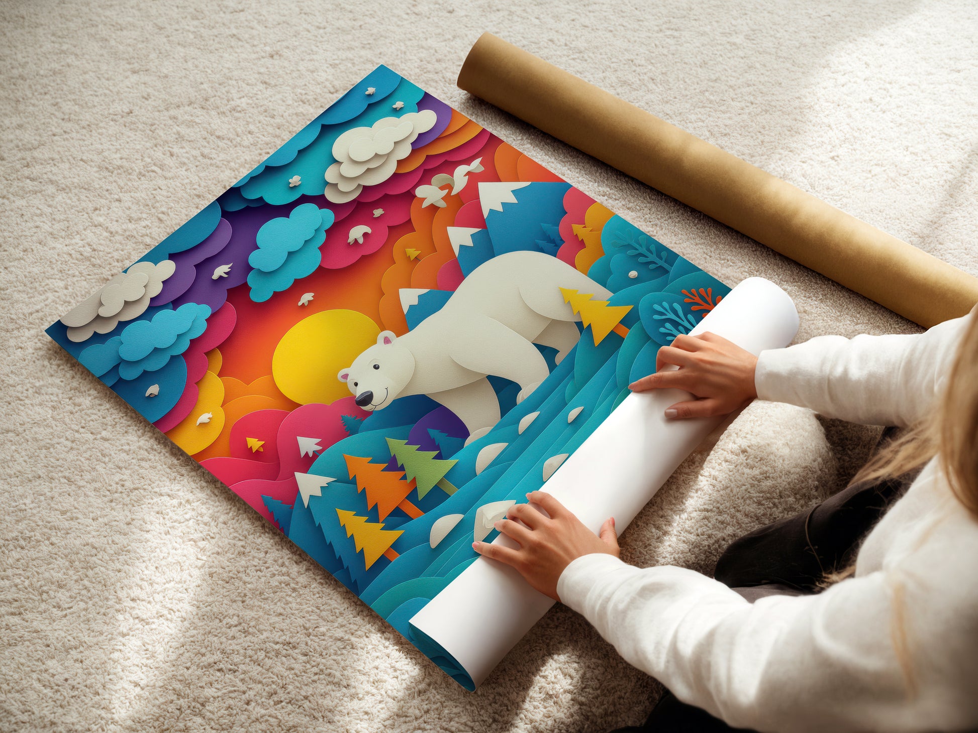 Person unrolling a colorful rug with polar bear design on a carpeted floor