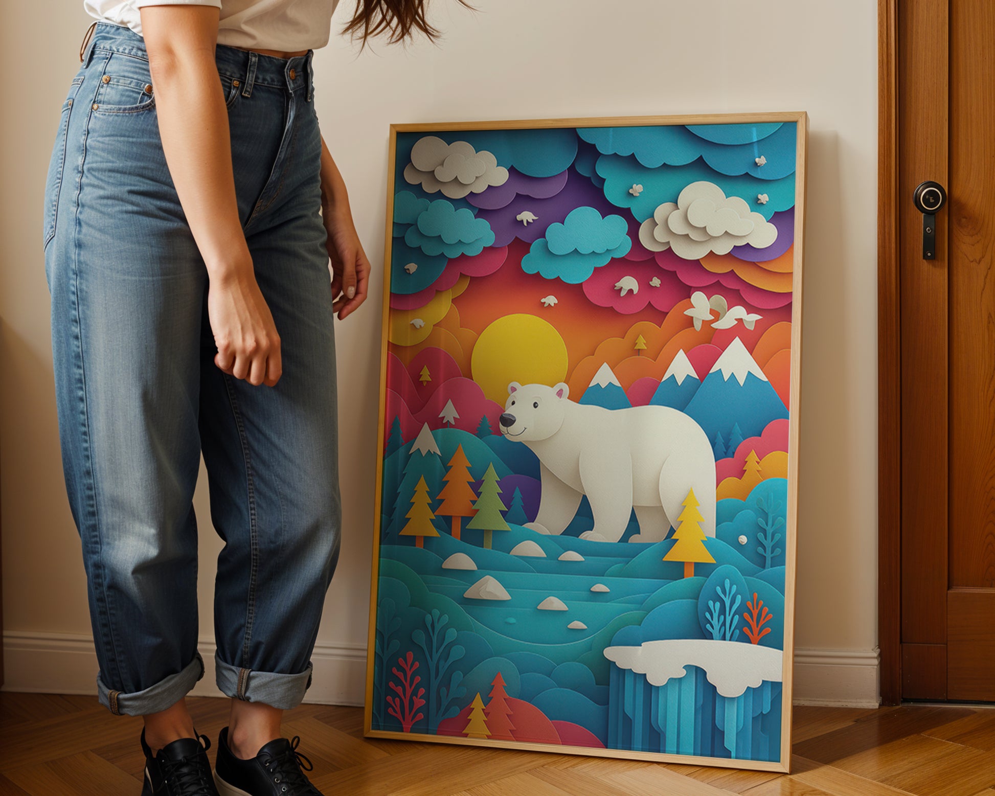 Person standing next to a colorful framed artwork of a polar bear in a mountainous landscape.