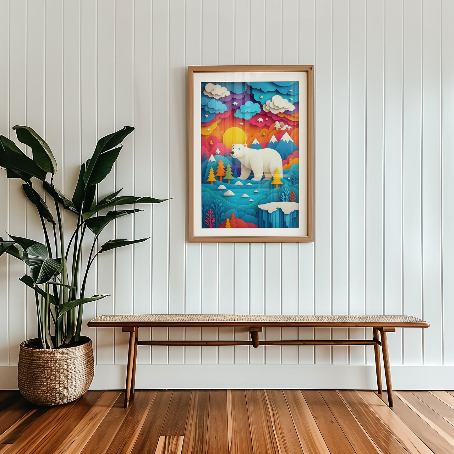 Colorful bear artwork on a wall above a wooden bench with a plant to the side.