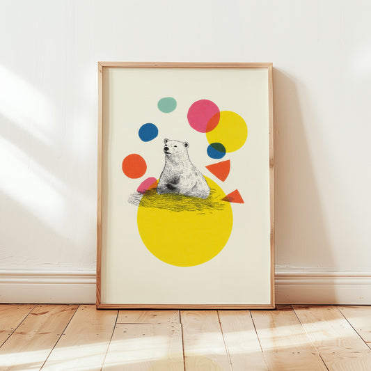 Scandinavian style polar bear nursery wall art print displayed in wooden frame with colourful abstract geometric shapes.
