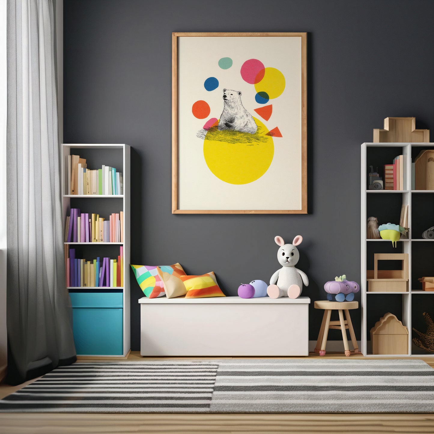 modern scandi nursery style polar bear nursery wall art print with colourful abstract shapes in wooden frame.