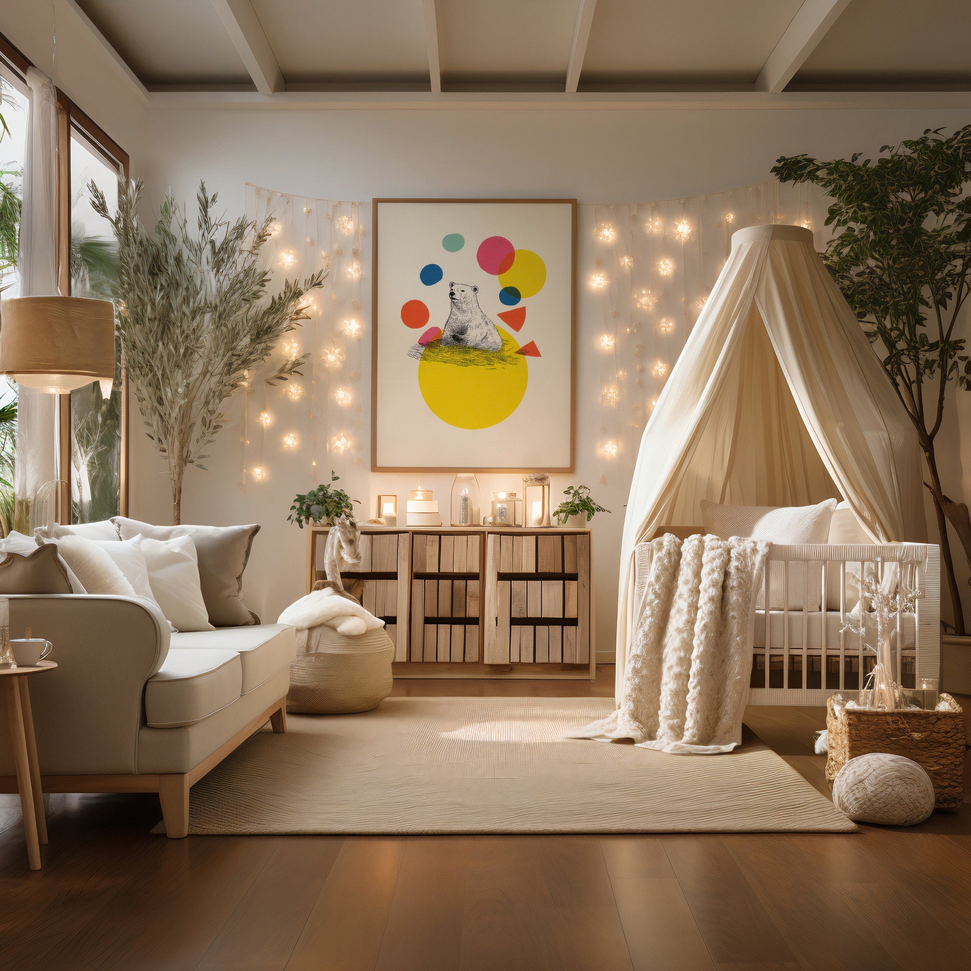 Cozy Scandinavian style polar bear nursery wall art print displayed in wooden frame with colourful abstract geometric shapes.
